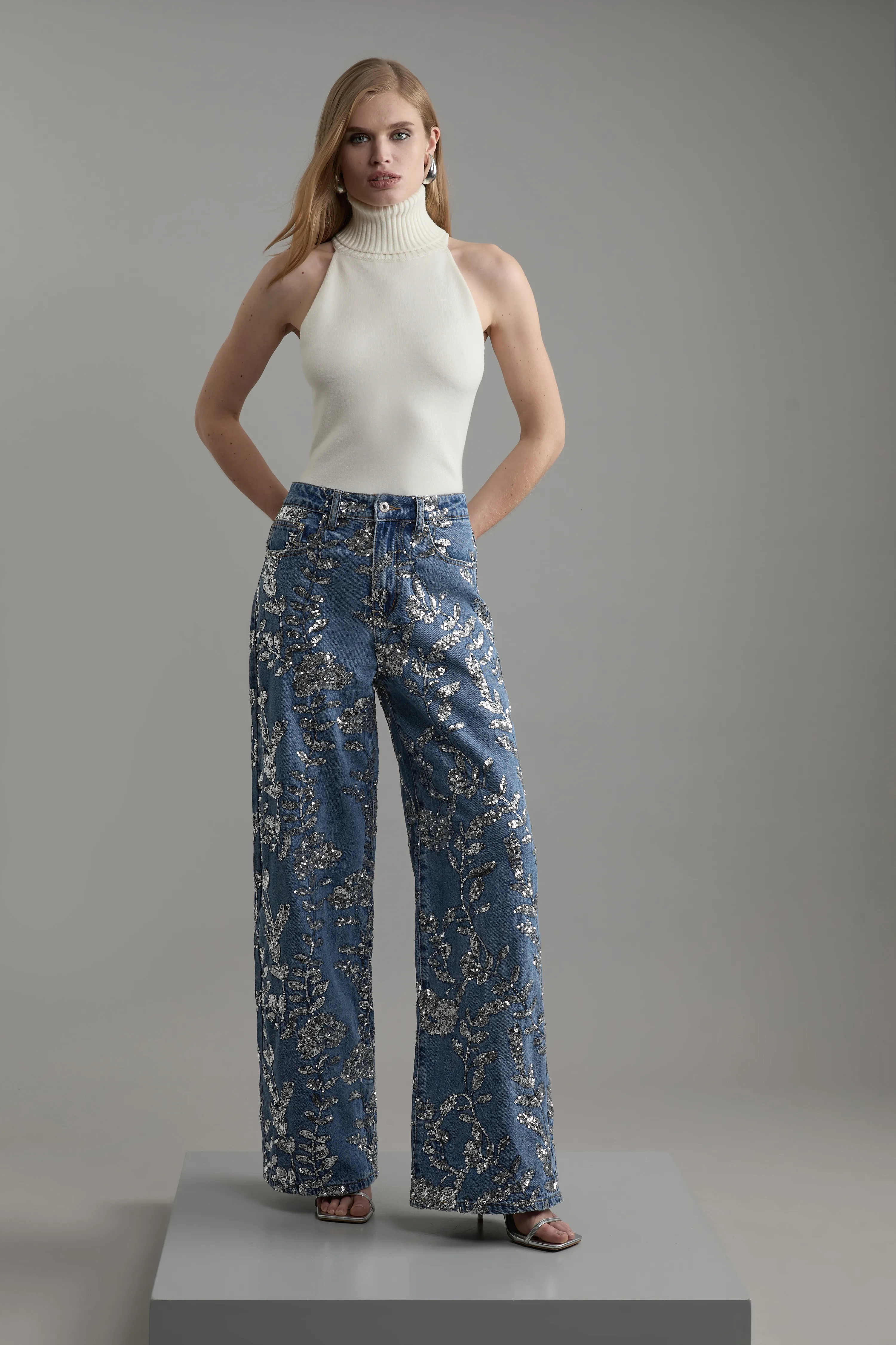 Petite Denim All Over Floral Sequin Wide Leg Trousers BKK26122