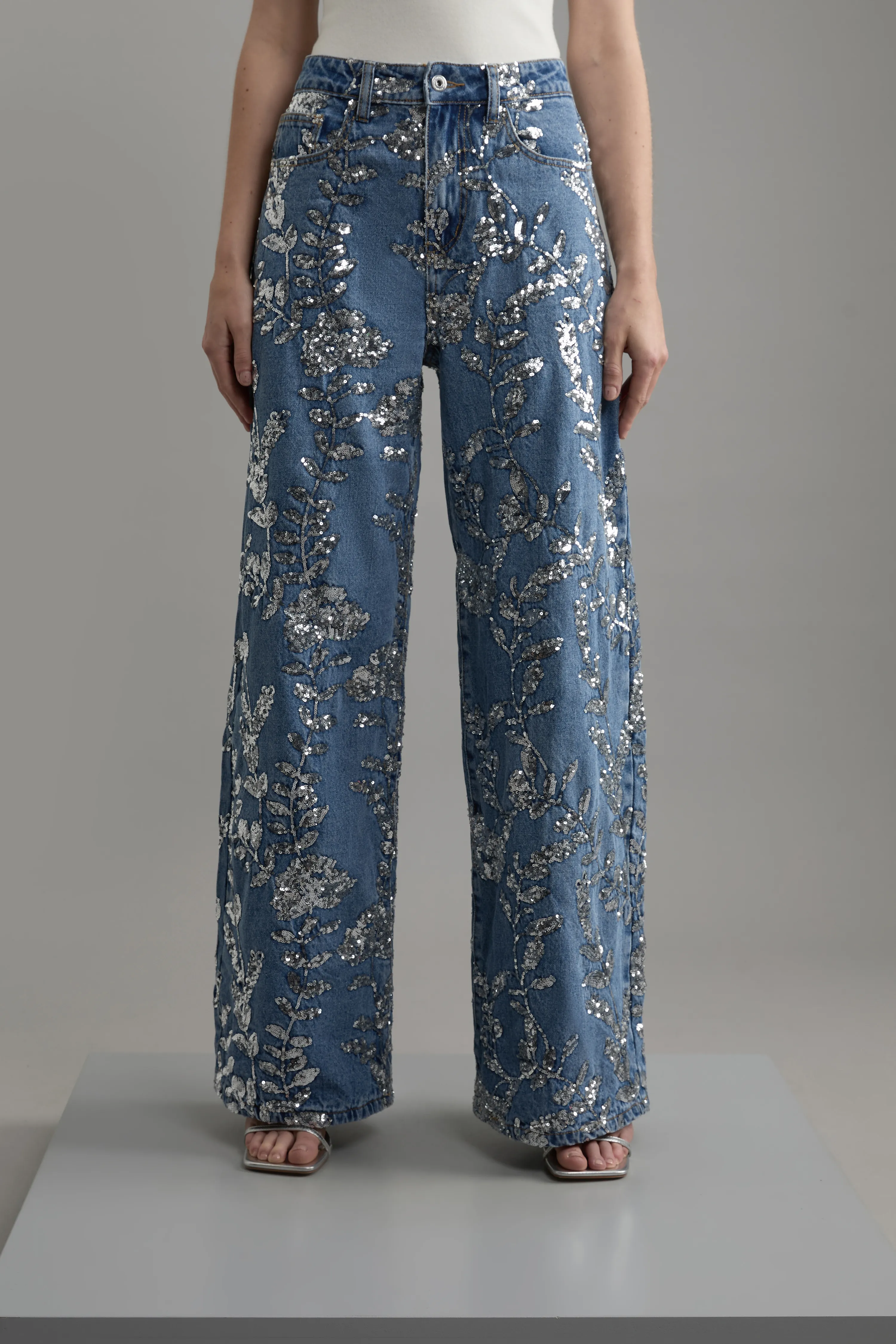 Petite Denim All Over Floral Sequin Wide Leg Trousers BKK26122
