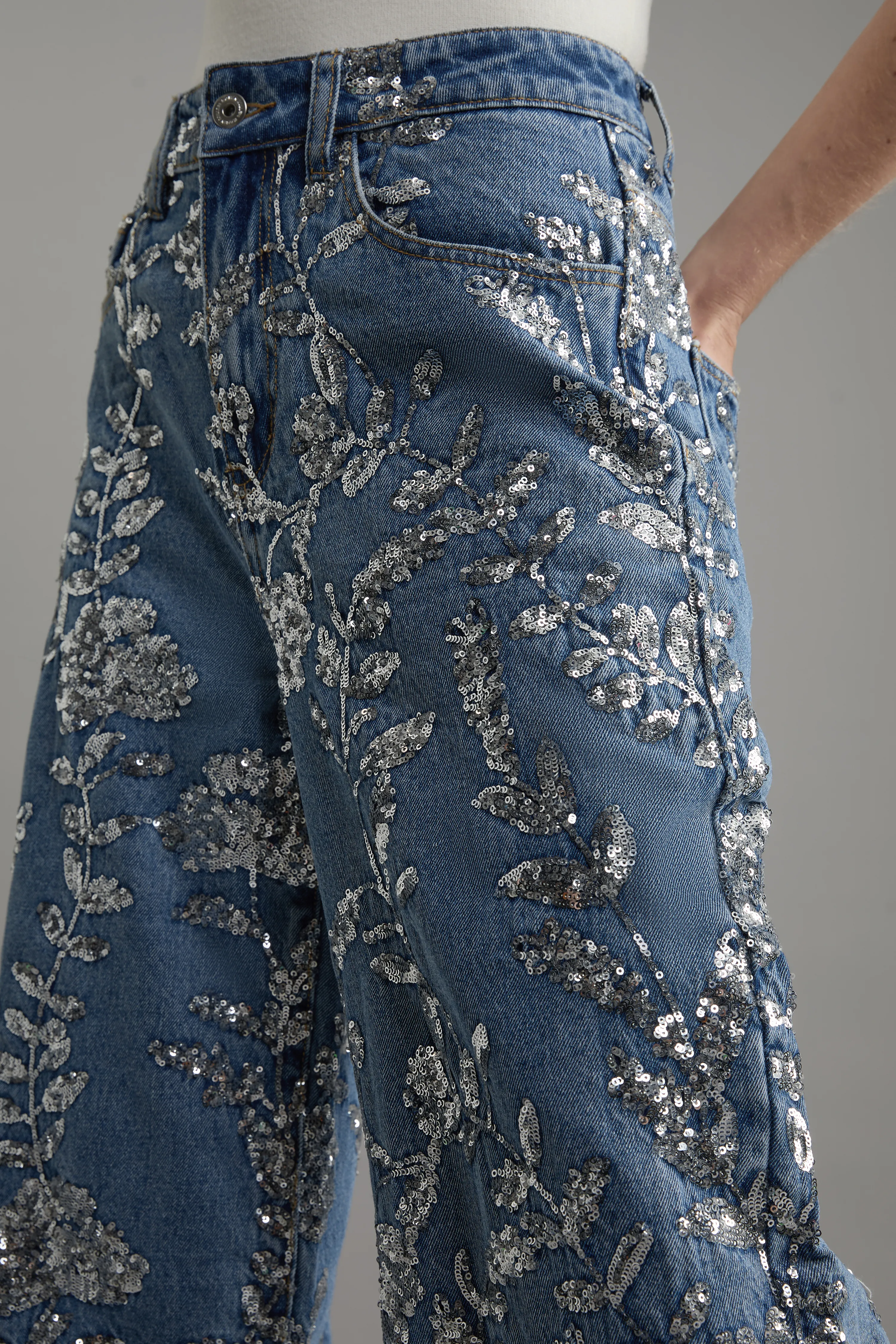 Petite Denim All Over Floral Sequin Wide Leg Trousers BKK26122