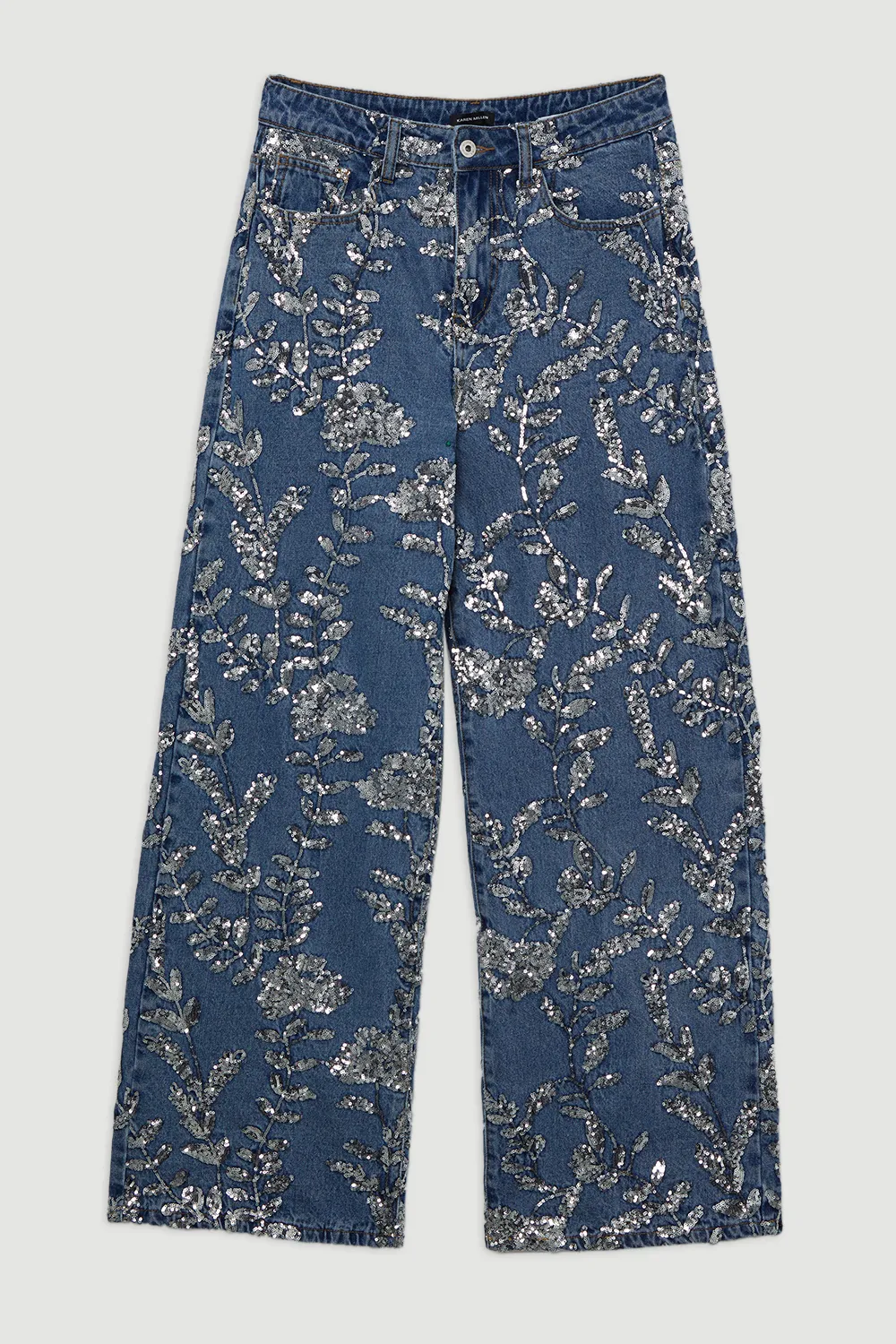 Petite Denim All Over Floral Sequin Wide Leg Trousers BKK26122