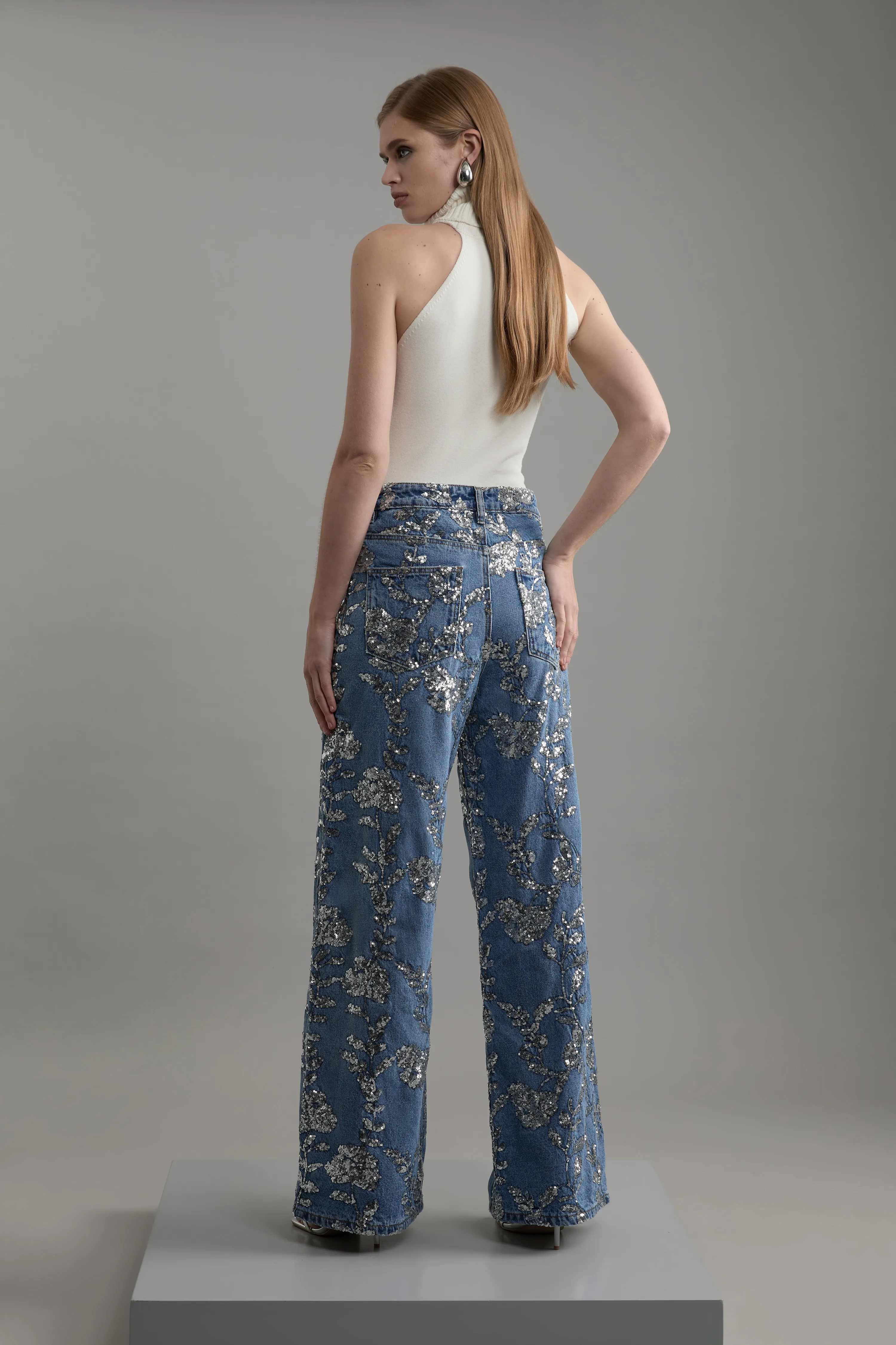 Petite Denim All Over Floral Sequin Wide Leg Trousers BKK26122