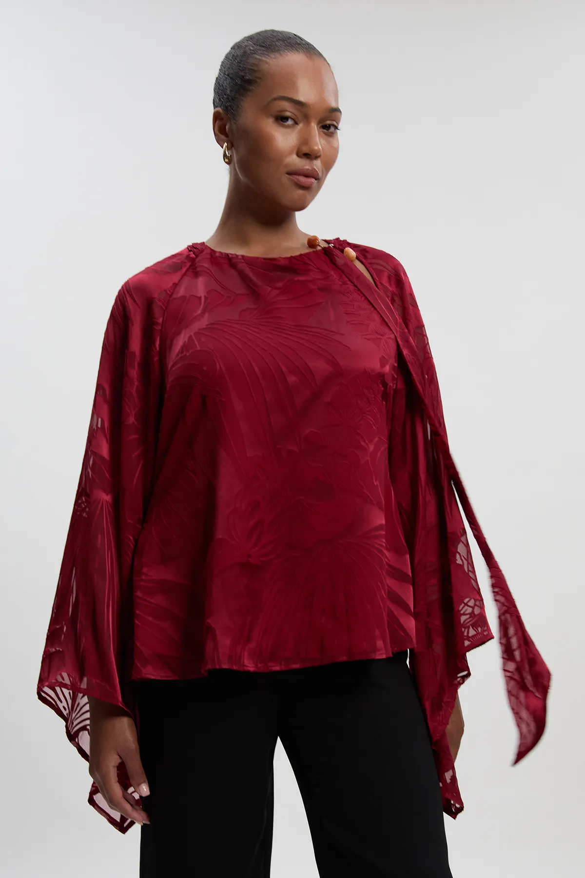 Plus Size Devoure Flared Sleeve Woven Blouse With Trim Detail BKK26215