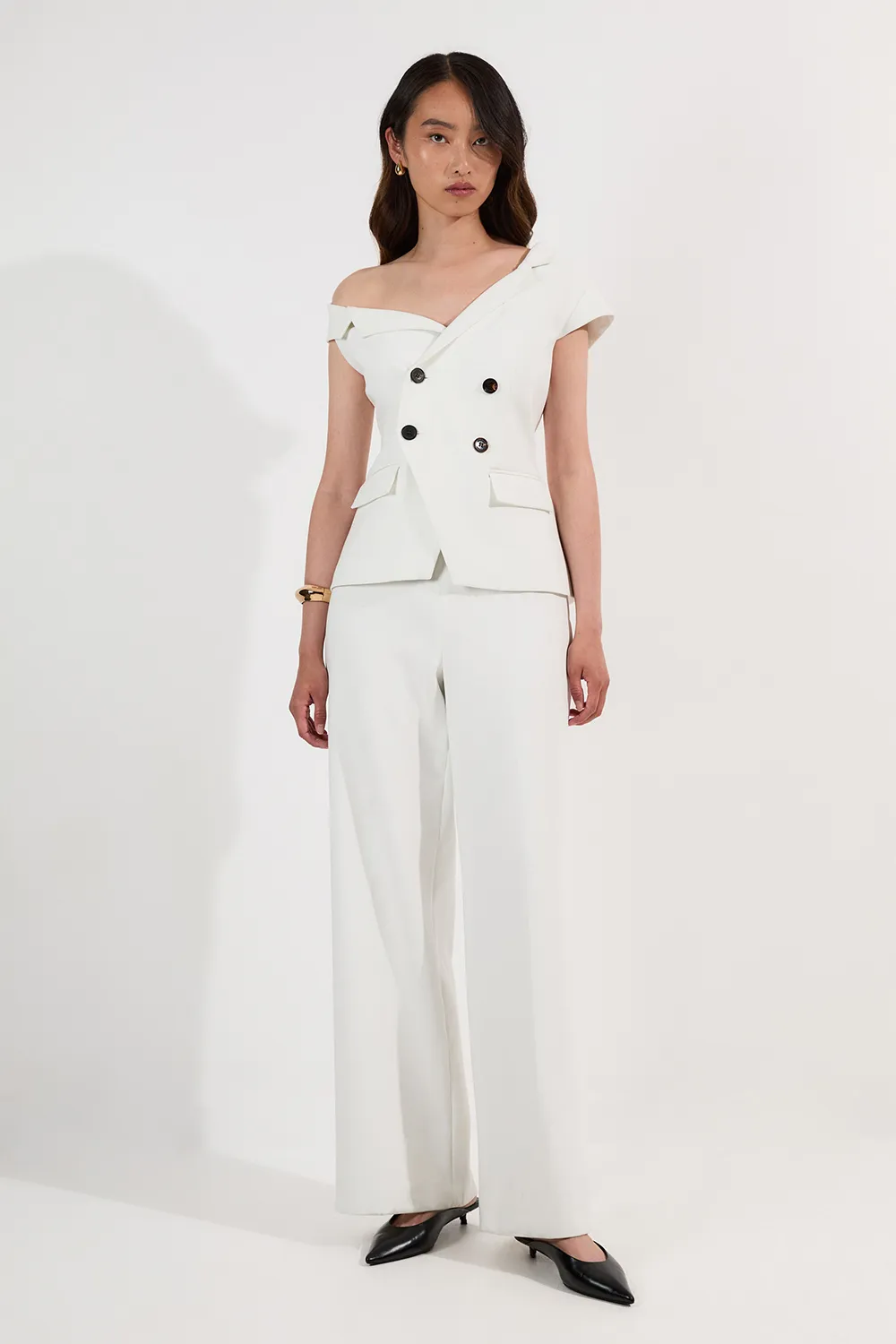 Petite Compact Stretch Asymmetric Collar Wide Leg Tailored Jumpsuit BKK26254