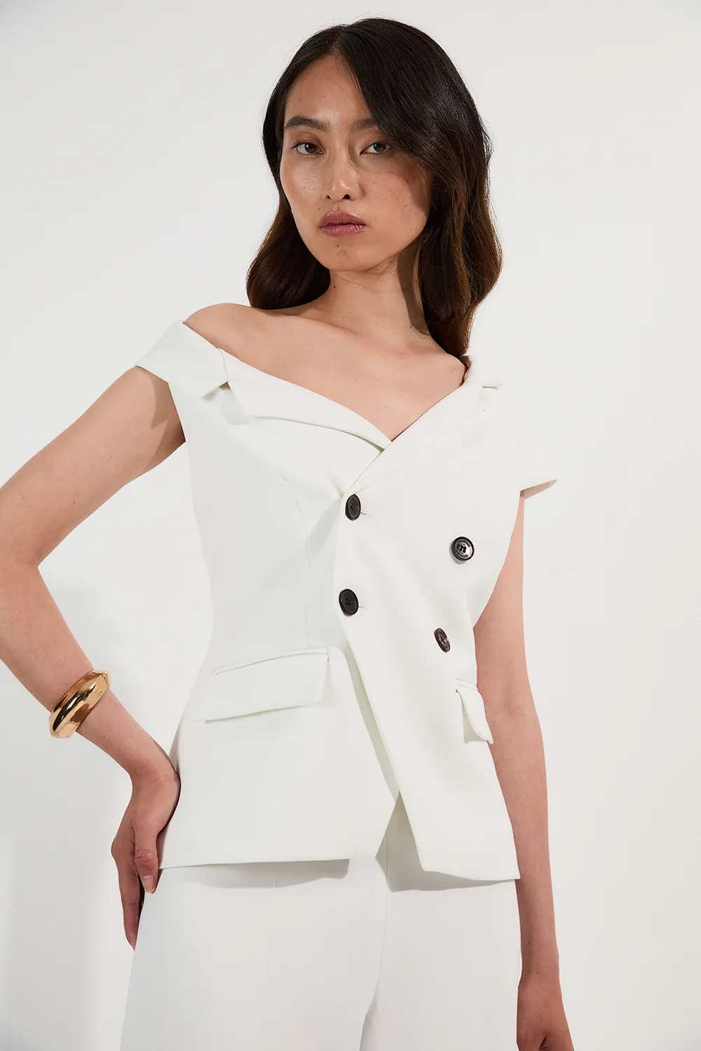 Petite Compact Stretch Asymmetric Collar Wide Leg Tailored Jumpsuit BKK26254