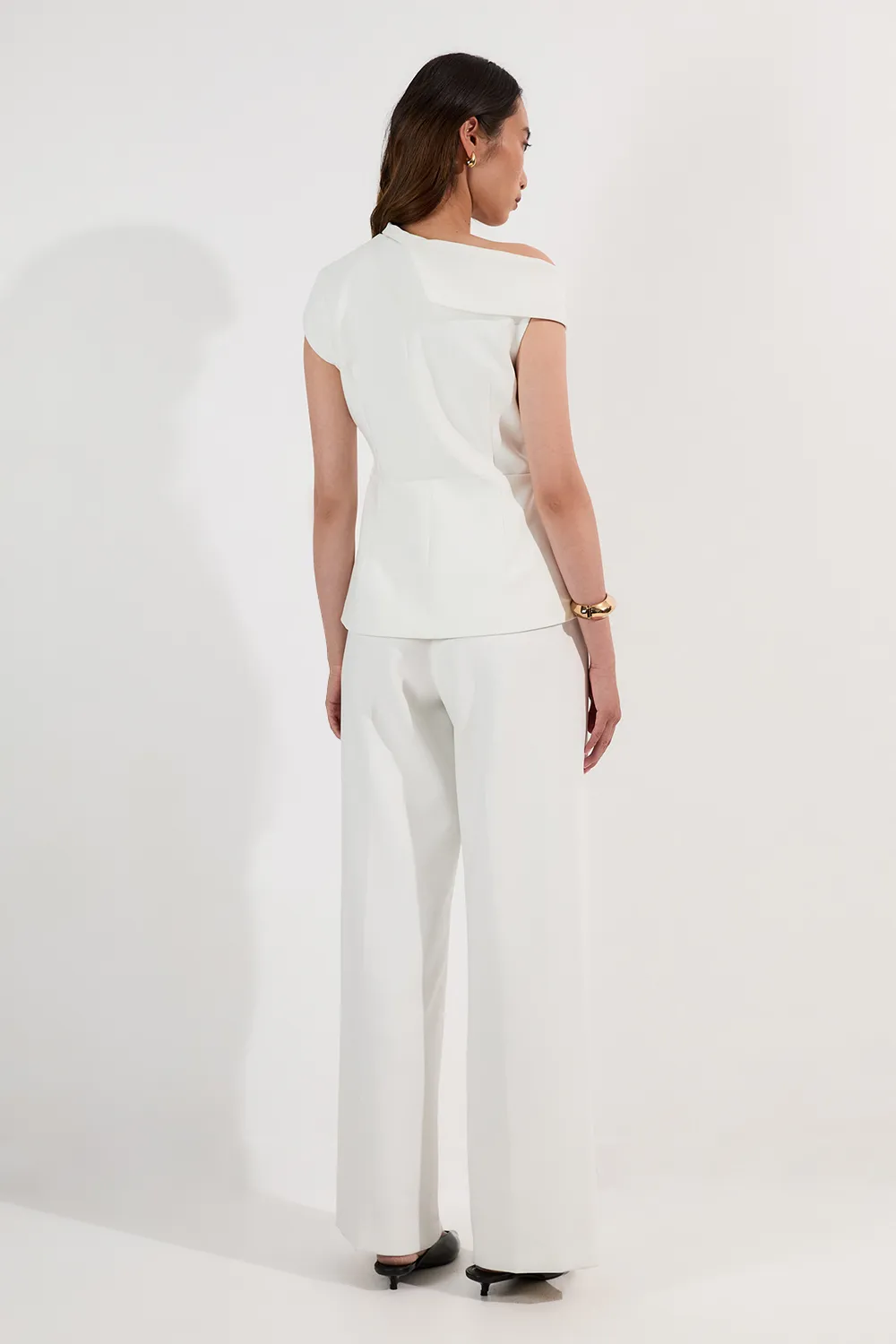 Petite Compact Stretch Asymmetric Collar Wide Leg Tailored Jumpsuit BKK26254