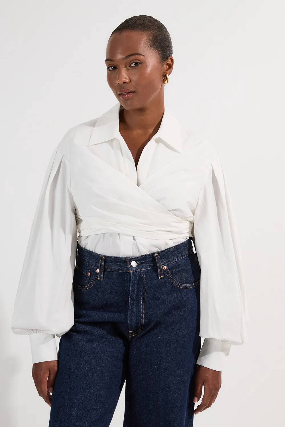 Plus Size Cotton Poplin Drama Sleeve Woven Wrap Detail Blouse BKK26249