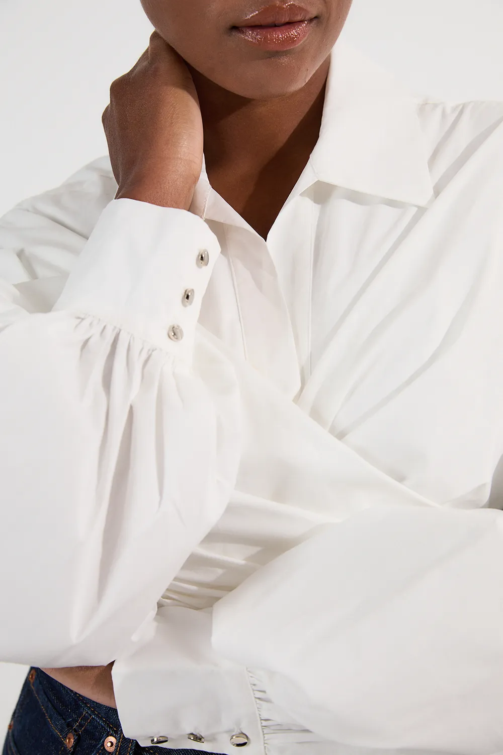 Plus Size Cotton Poplin Drama Sleeve Woven Wrap Detail Blouse BKK26249