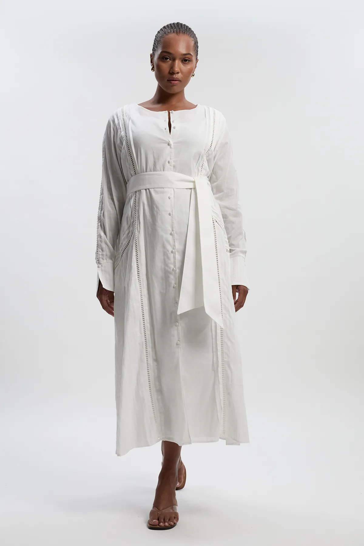 Plus Size Cotton With Lace Trim Insert Woven Long Sleeve Midi Dress BKK26287