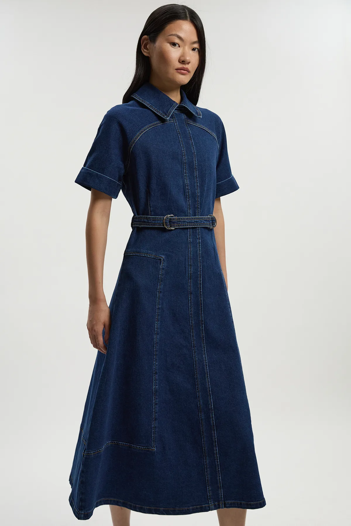 Stretch Denim Tab Belt Detail Midi Dress BKK26357