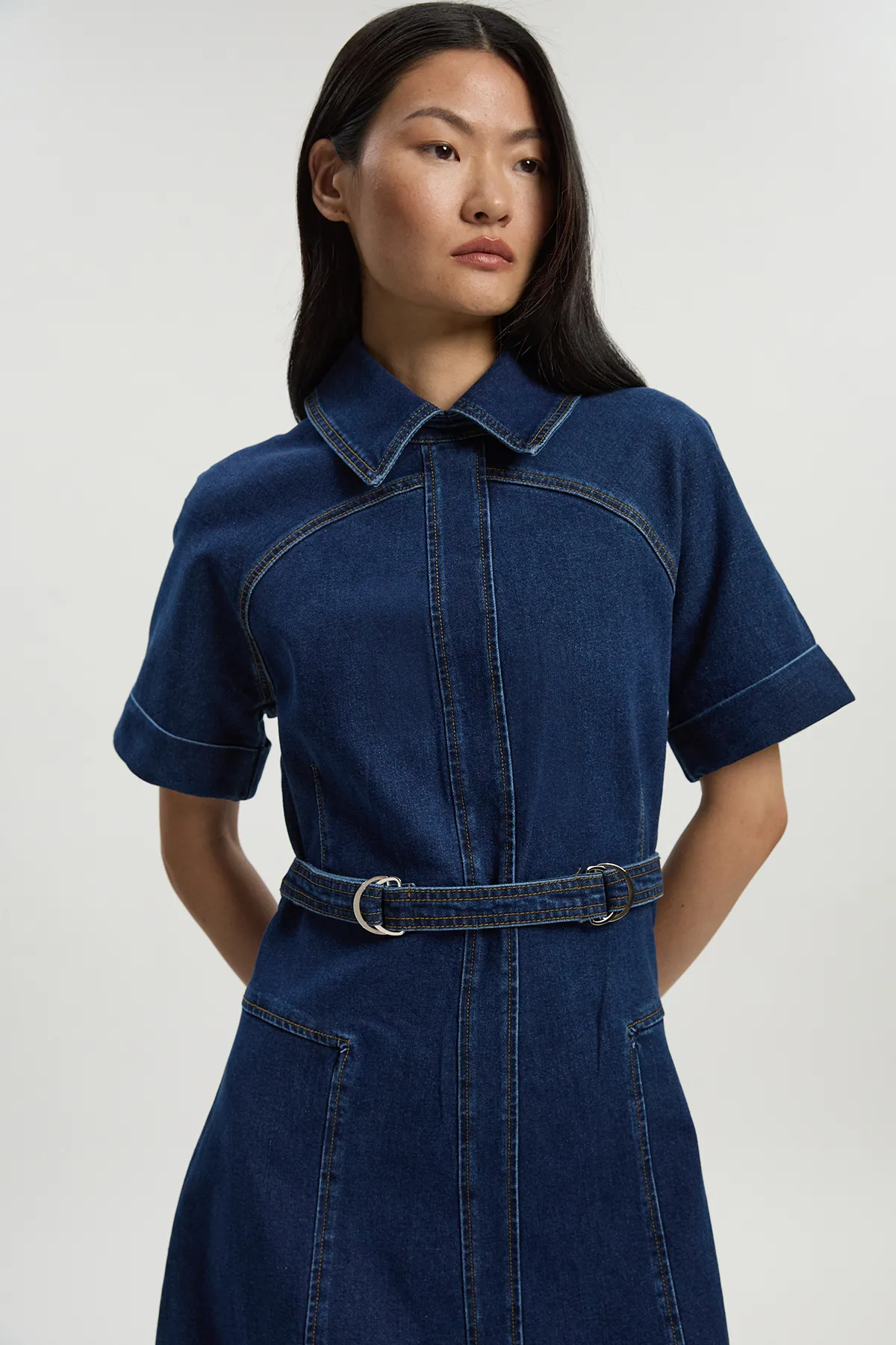 Stretch Denim Tab Belt Detail Midi Dress BKK26357