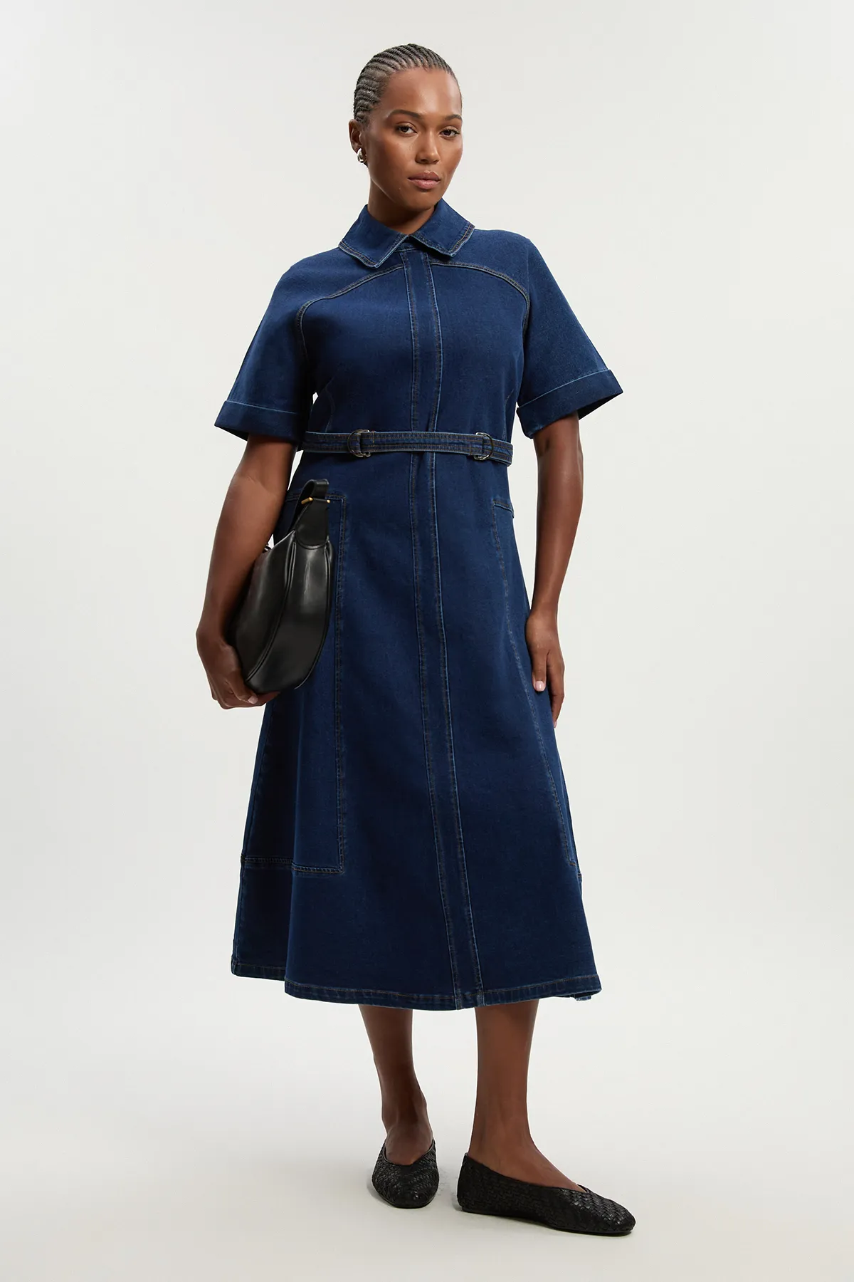 Plus Size Stretch Denim Tab Belt Detail Midi Dress BKK26358