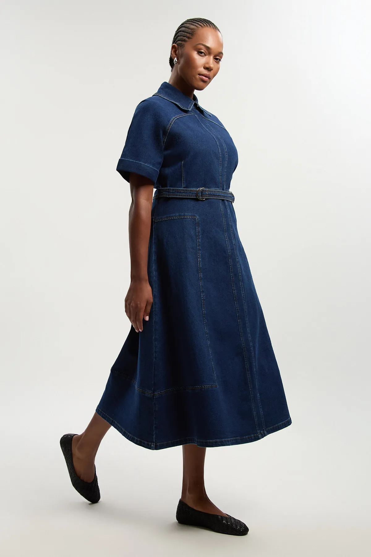 Plus Size Stretch Denim Tab Belt Detail Midi Dress BKK26358