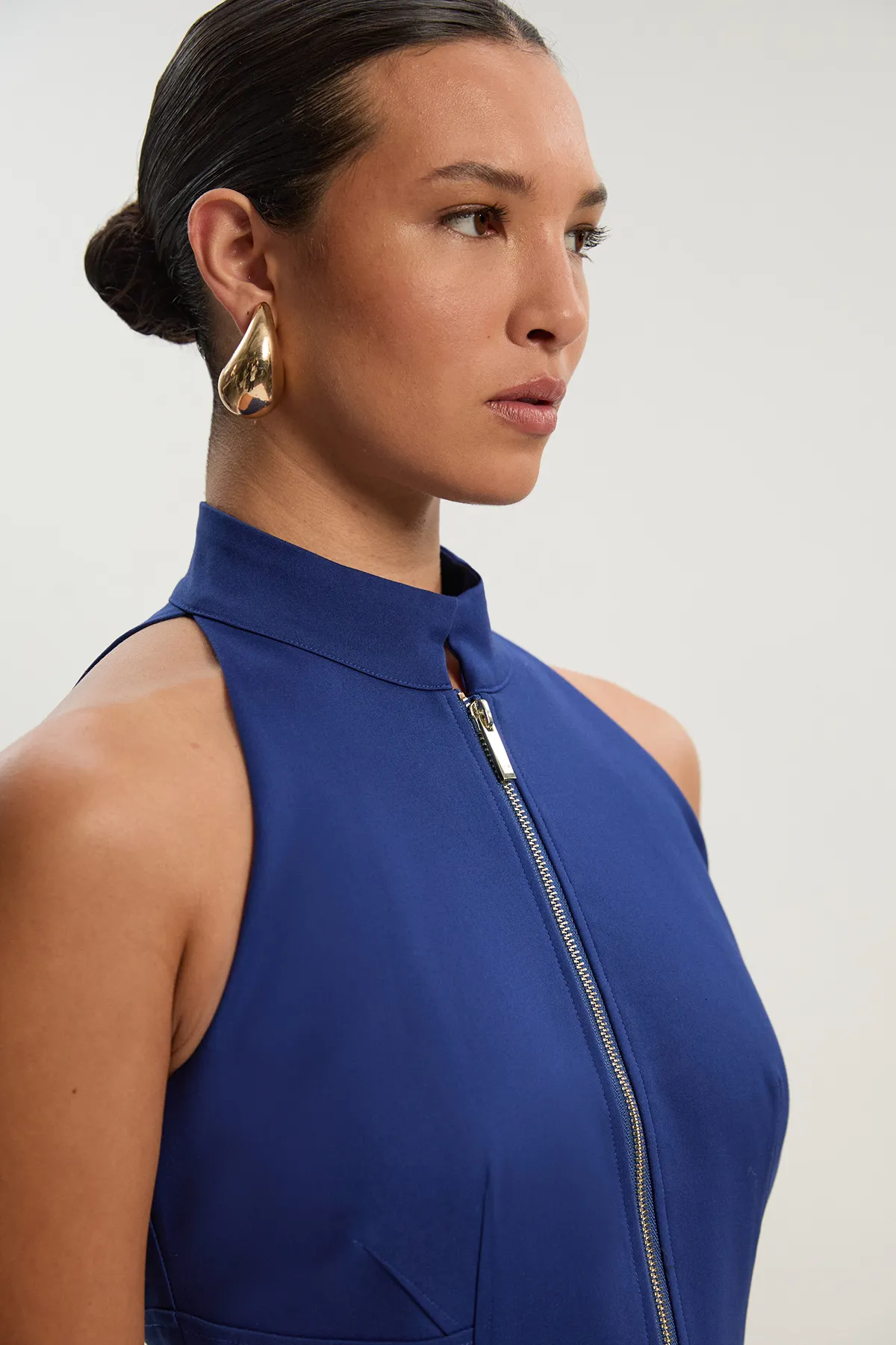 Techno Cotton Halter Neck Zip Detail Woven Midi Dress BKK26368