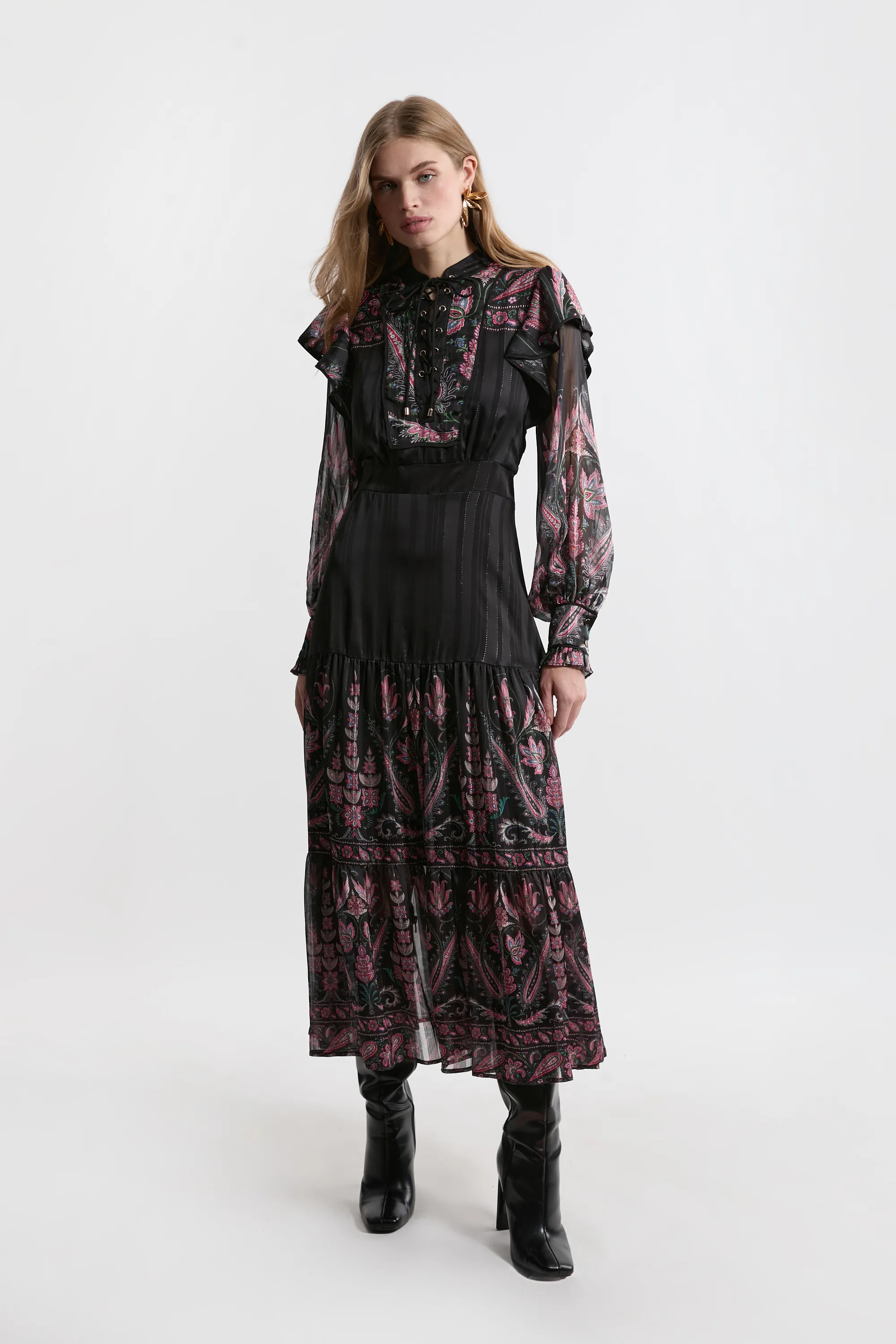 Boho Floral Woven Midaxi Dress With Lace Front Detail BKK21209