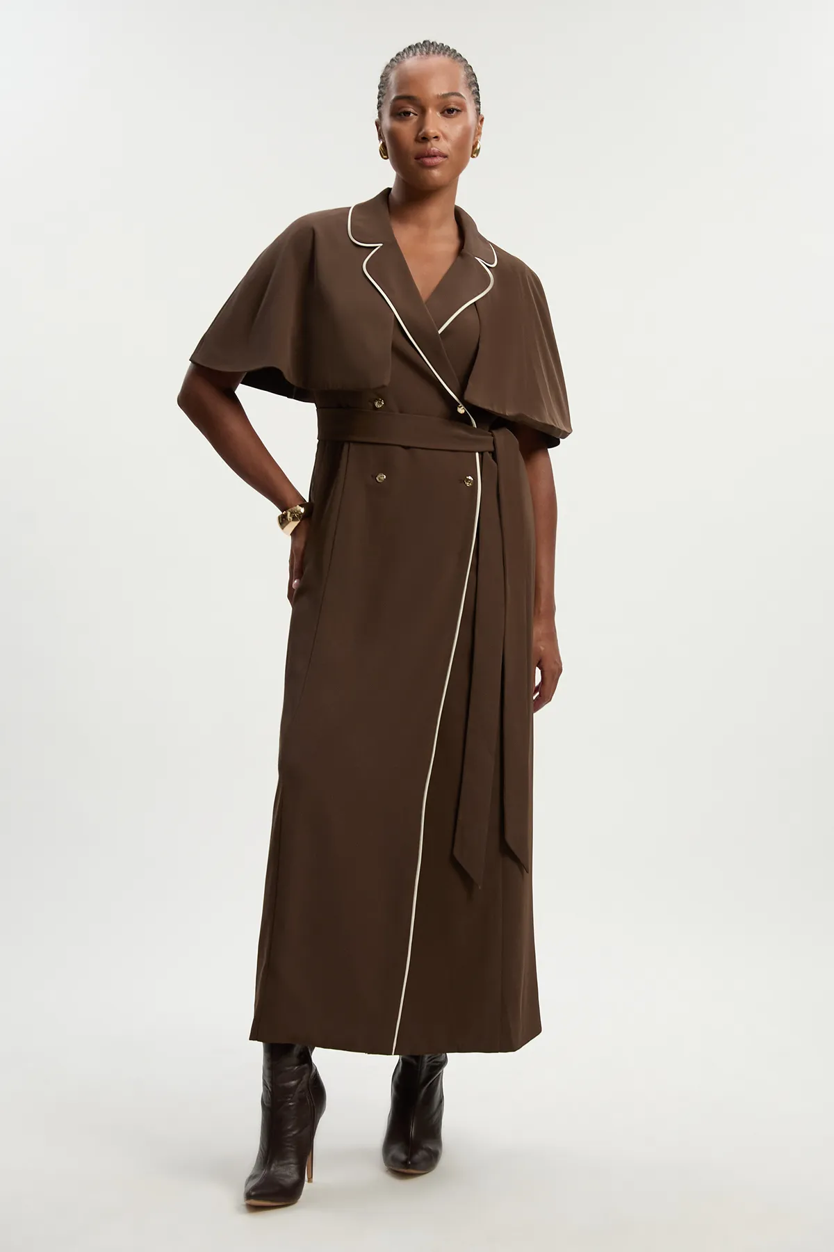 Plus Size Contrast Tipping Tie Waist Short Sleeve Woven Trench Midi Dress BKK26378