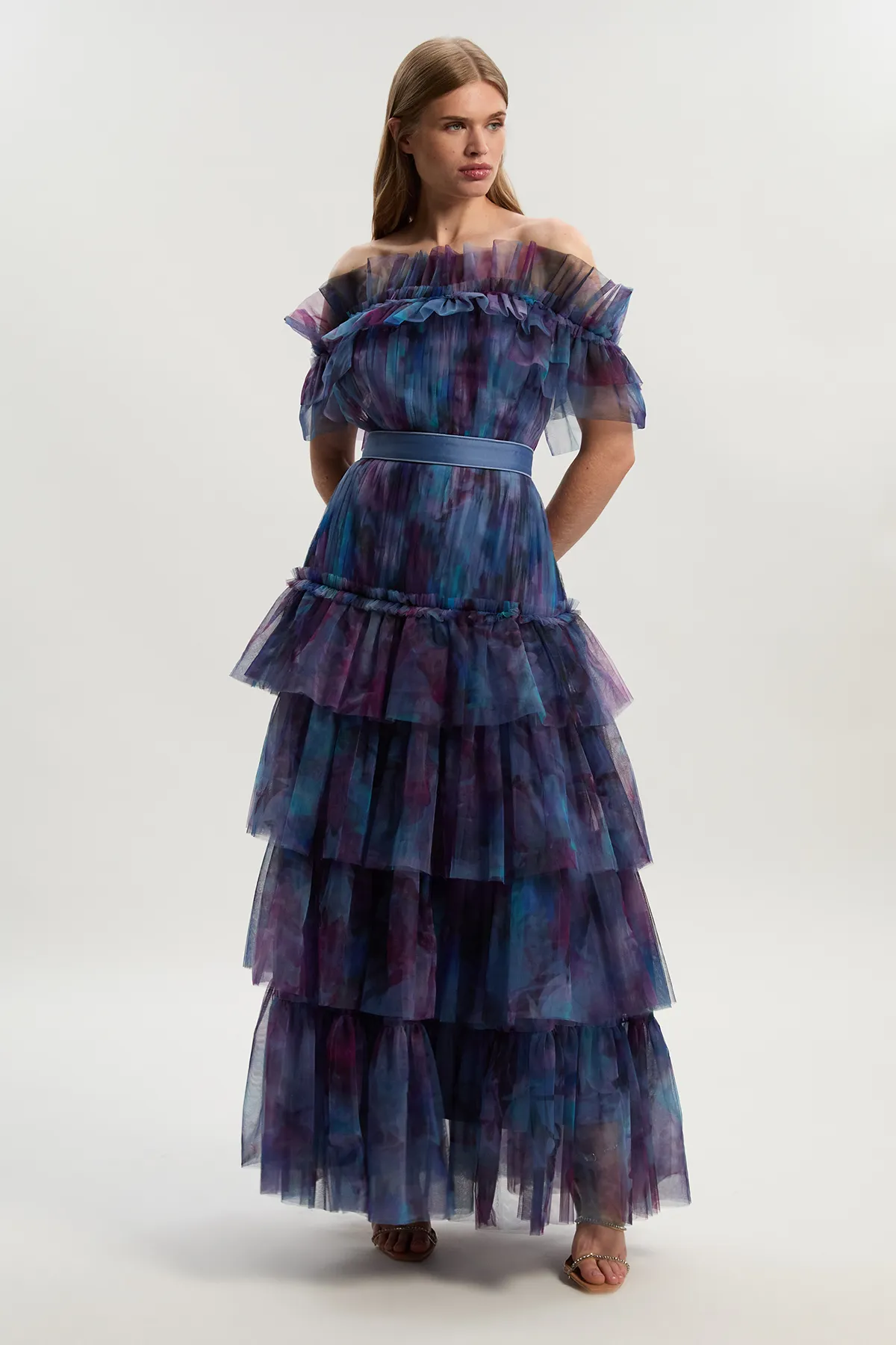 Floral Print Tulle Layered Off The Shoulder Maxi Dress BKK26382