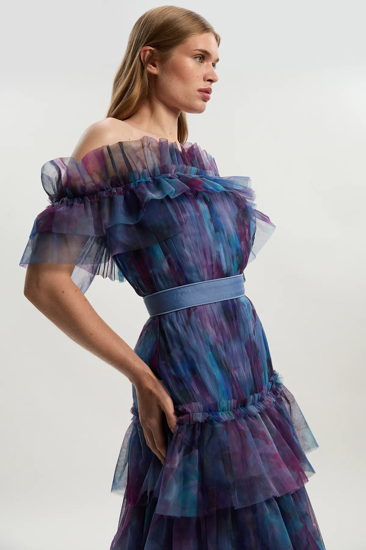 Floral Print Tulle Layered Off The Shoulder Maxi Dress BKK26382