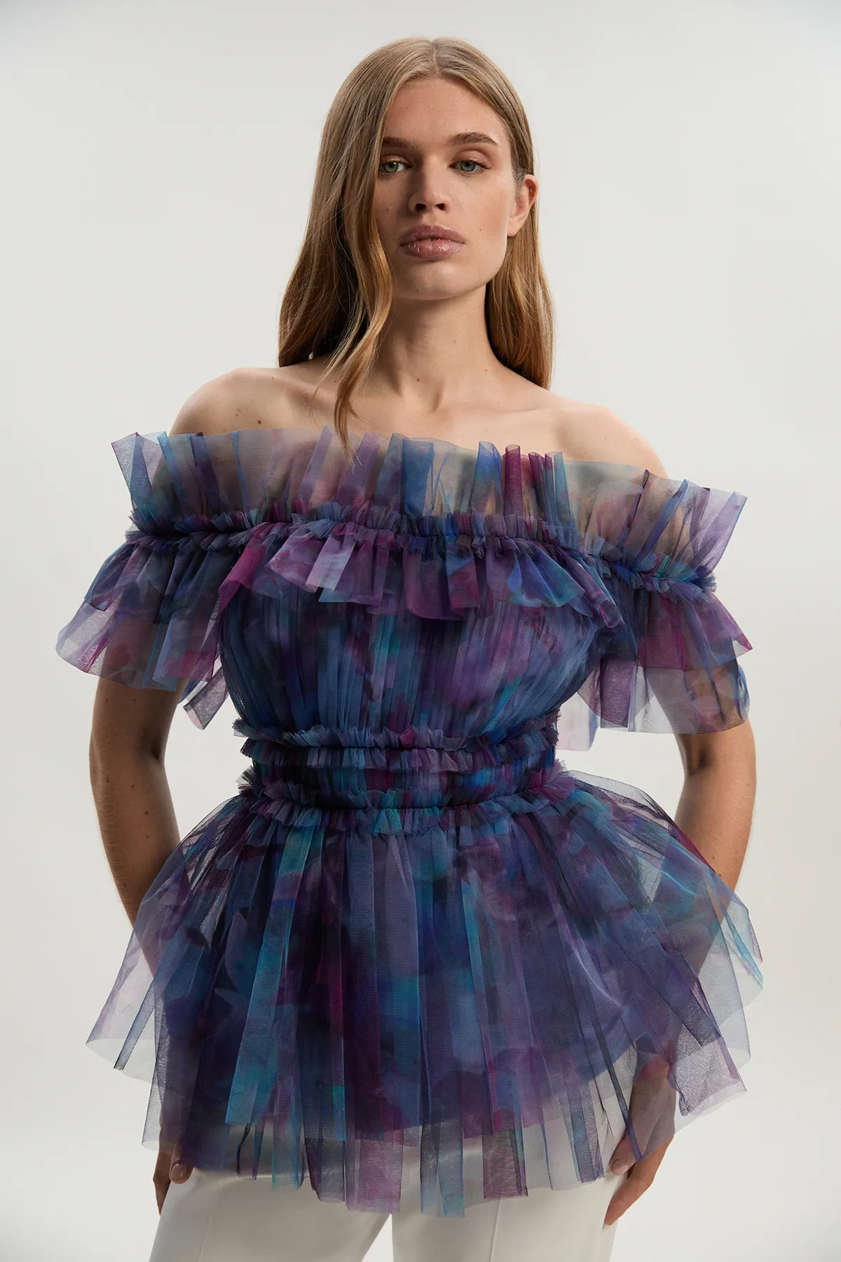 Floral Tulle Layered Off The Shoulder Blouse BKK26383