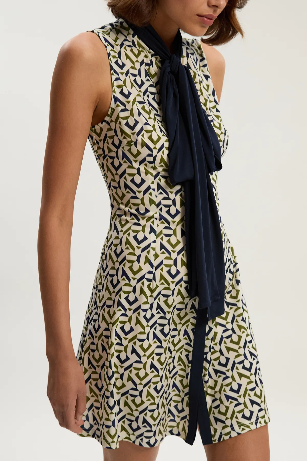 Petite Geo Print Crepe Tie Neck Mini Dress BKK26398