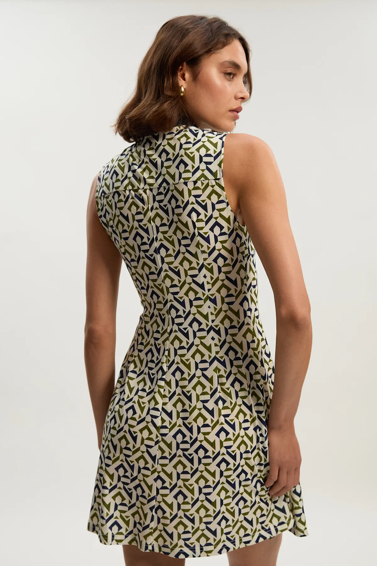 Petite Geo Print Crepe Tie Neck Mini Dress BKK26398