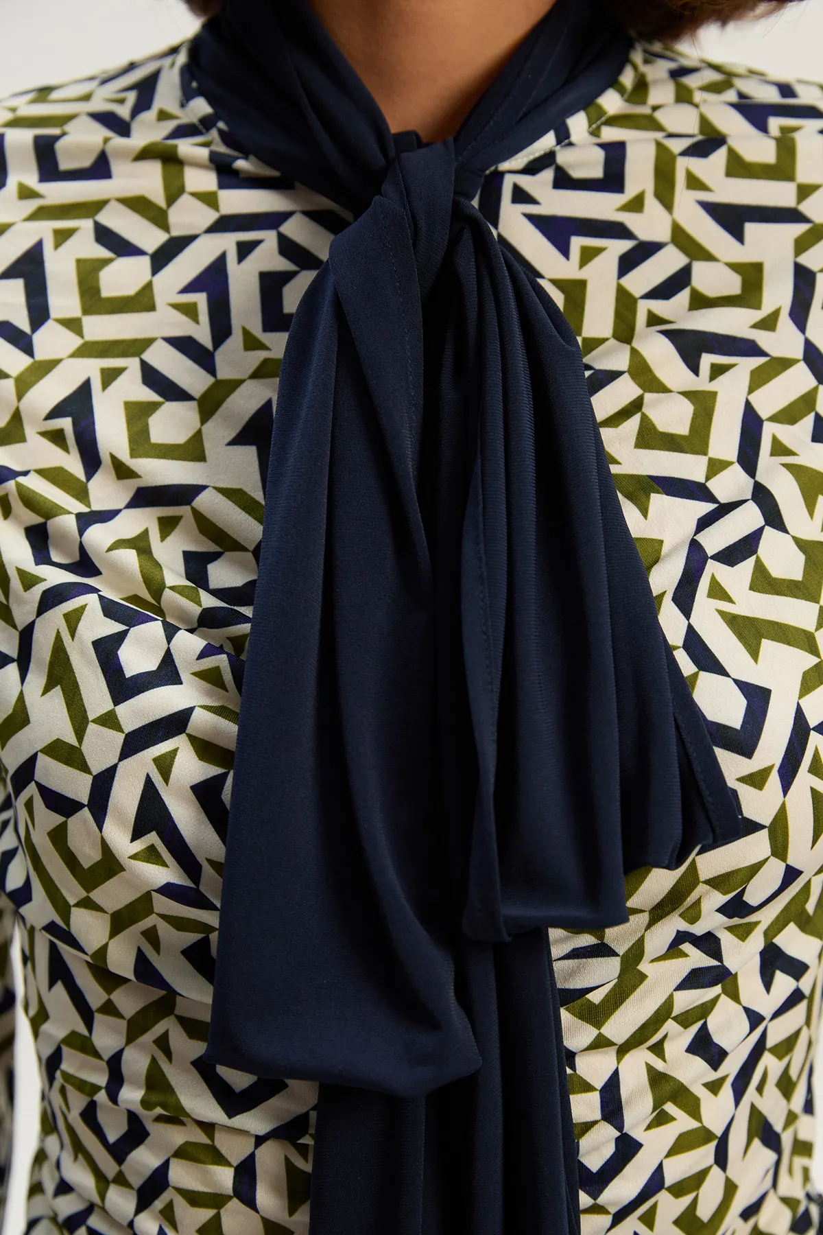 Geo Print Crepe Tie Neck Crepe Shirt BKK26400