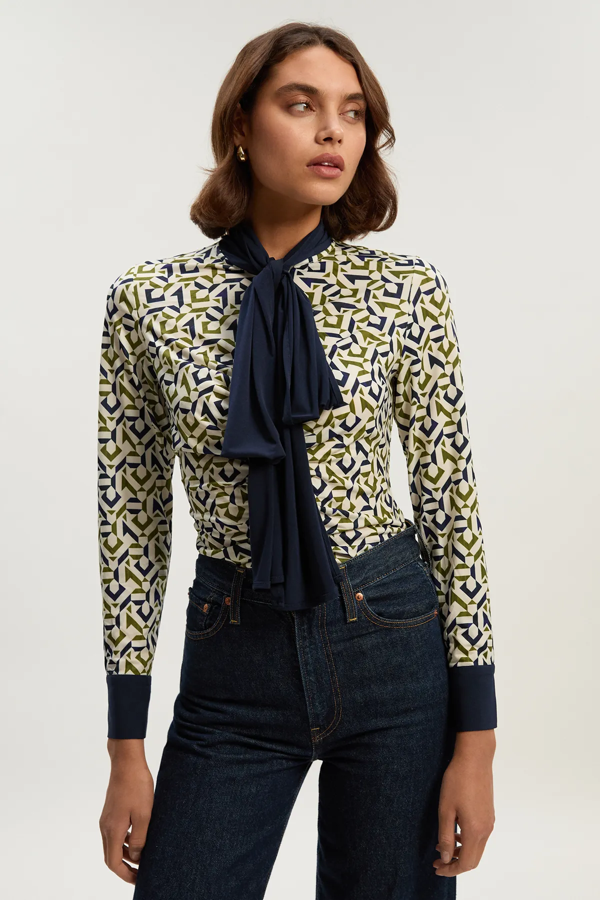 Geo Print Crepe Tie Neck Crepe Shirt BKK26400 3 Geo Print Crepe Tie Neck Crepe Shirt BKK26400