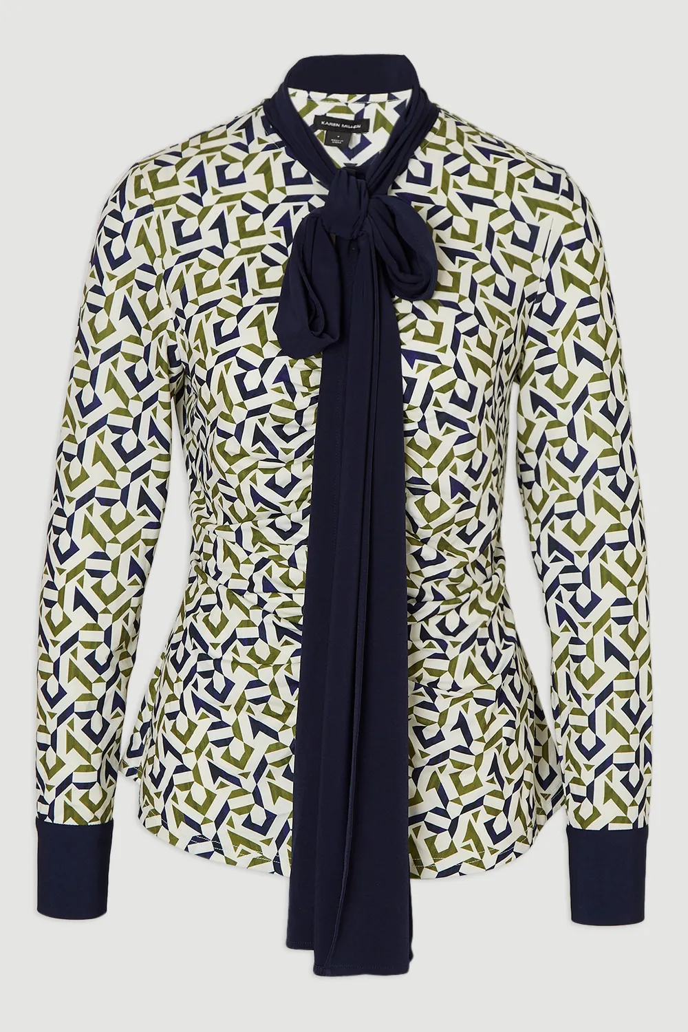 Geo Print Crepe Tie Neck Crepe Shirt BKK26400 4 Geo Print Crepe Tie Neck Crepe Shirt BKK26400