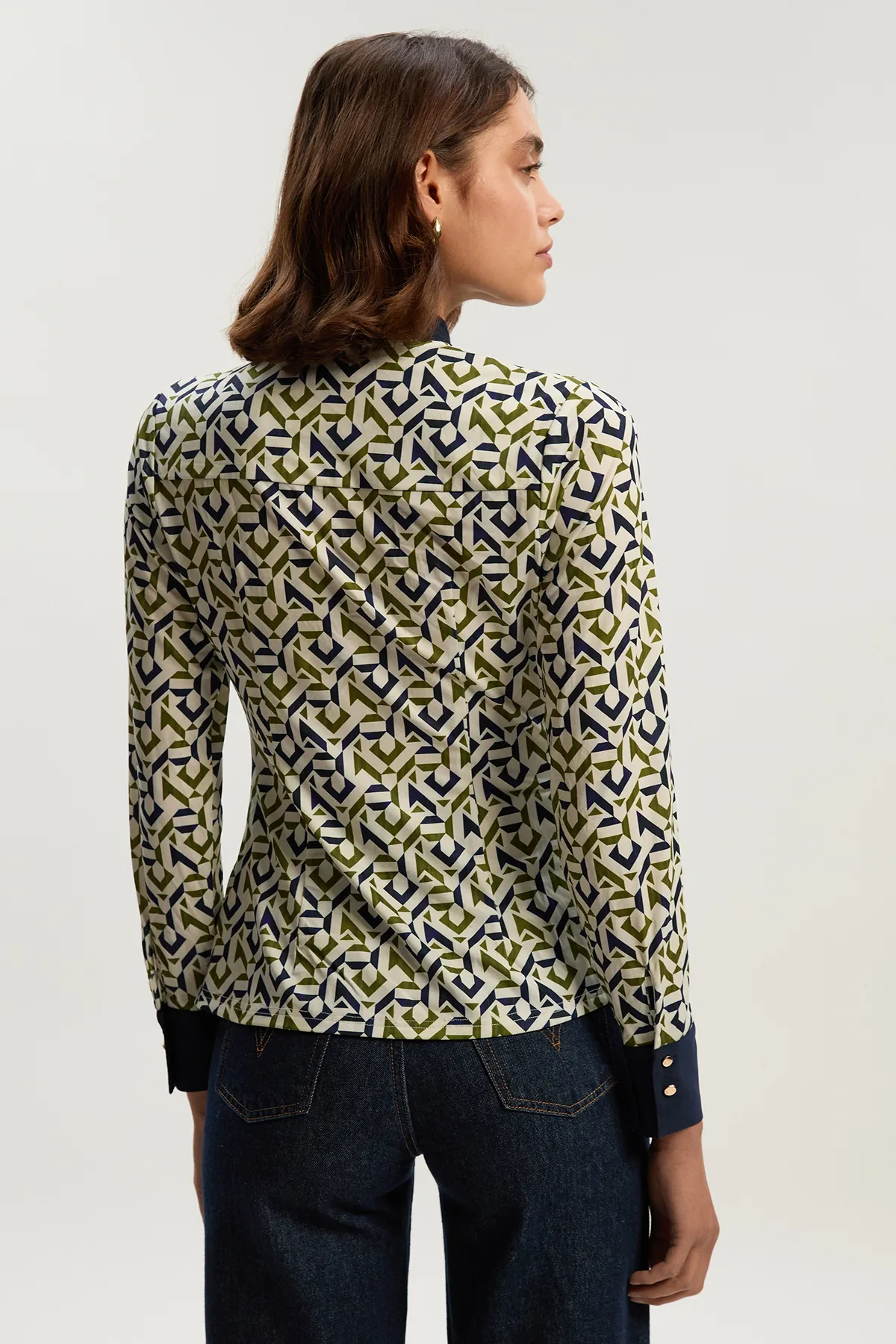 Geo Print Crepe Tie Neck Crepe Shirt BKK26400 5 Geo Print Crepe Tie Neck Crepe Shirt BKK26400