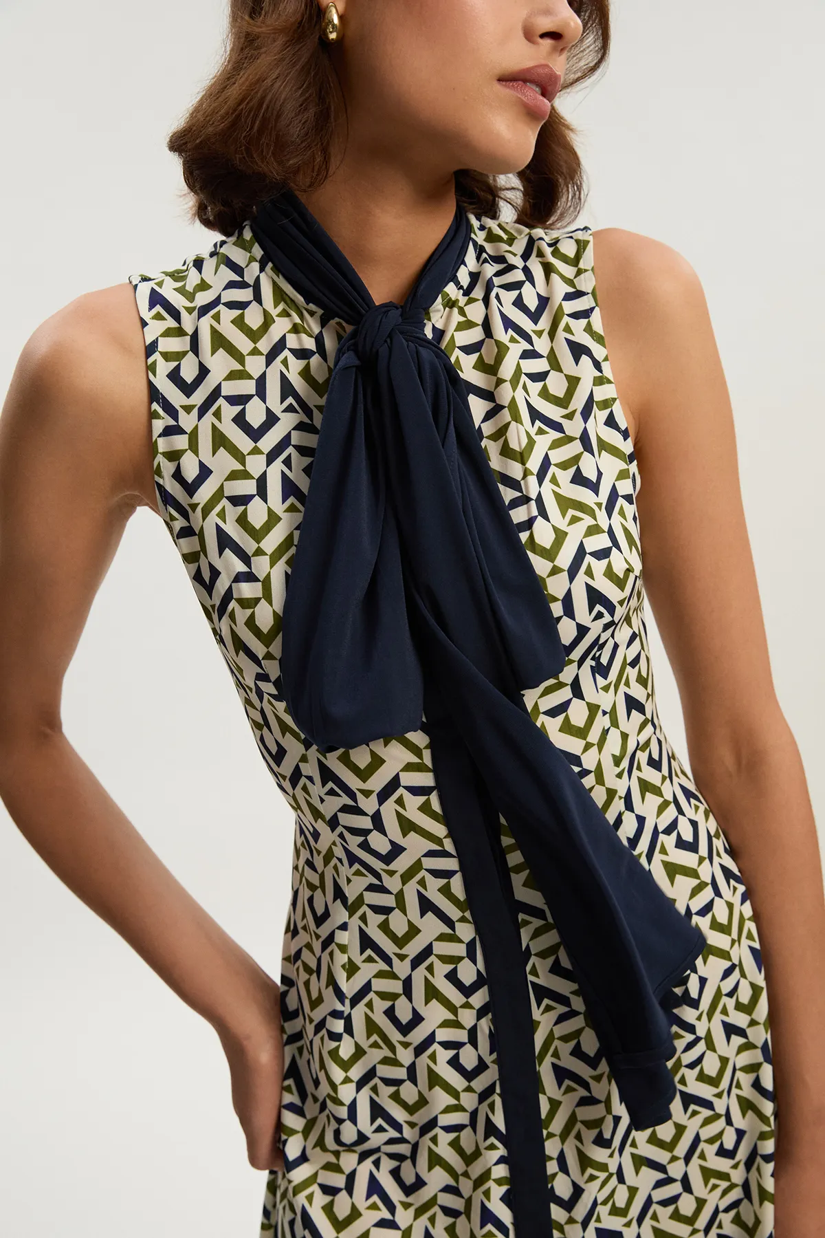 Geo Print Crepe Tie Neck Mini Dress BKK26401