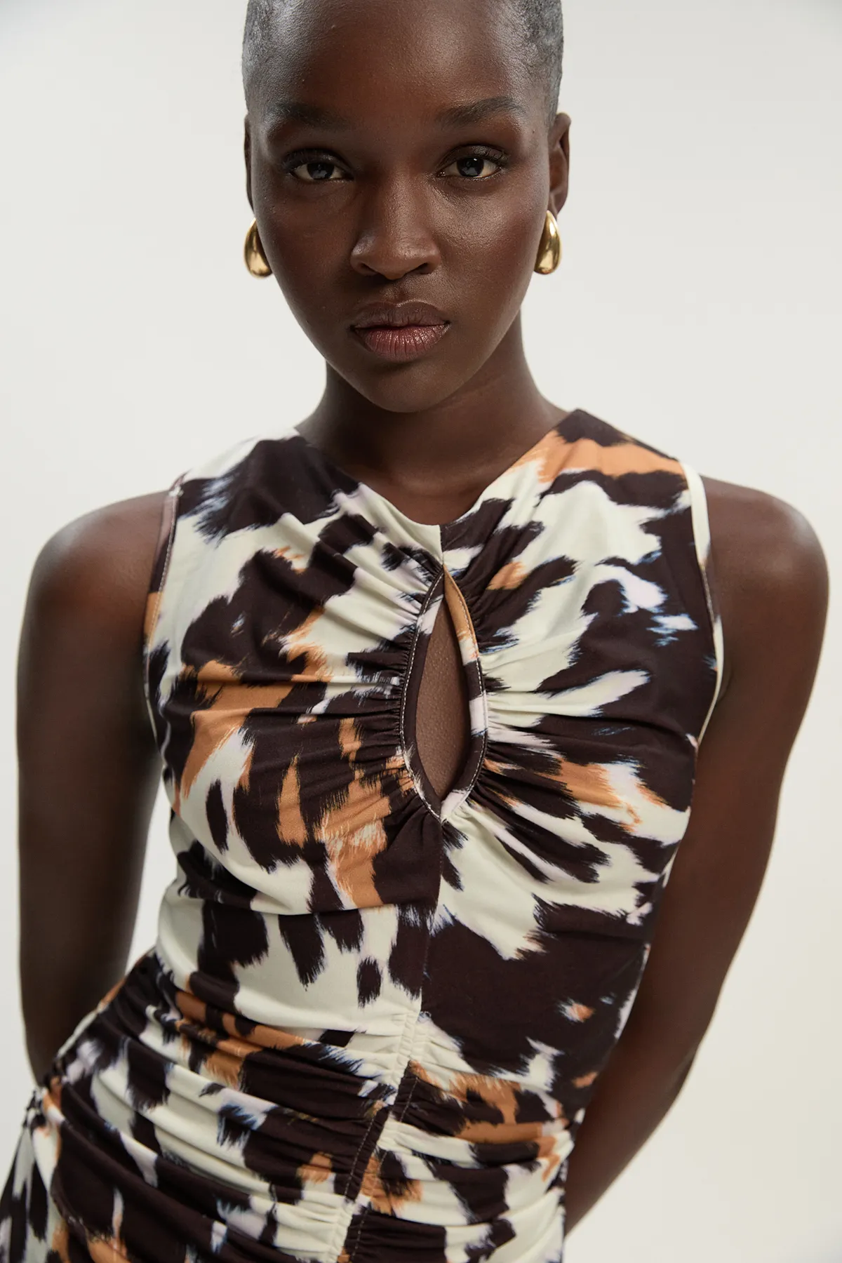 Animal Print Crepe Cut Out Neck Midi Dress BKK26407