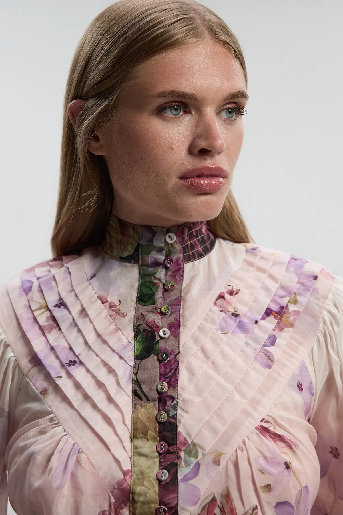 Petite Floral Print Silk Cotton Long Sleeve Woven Blouse BKK26426