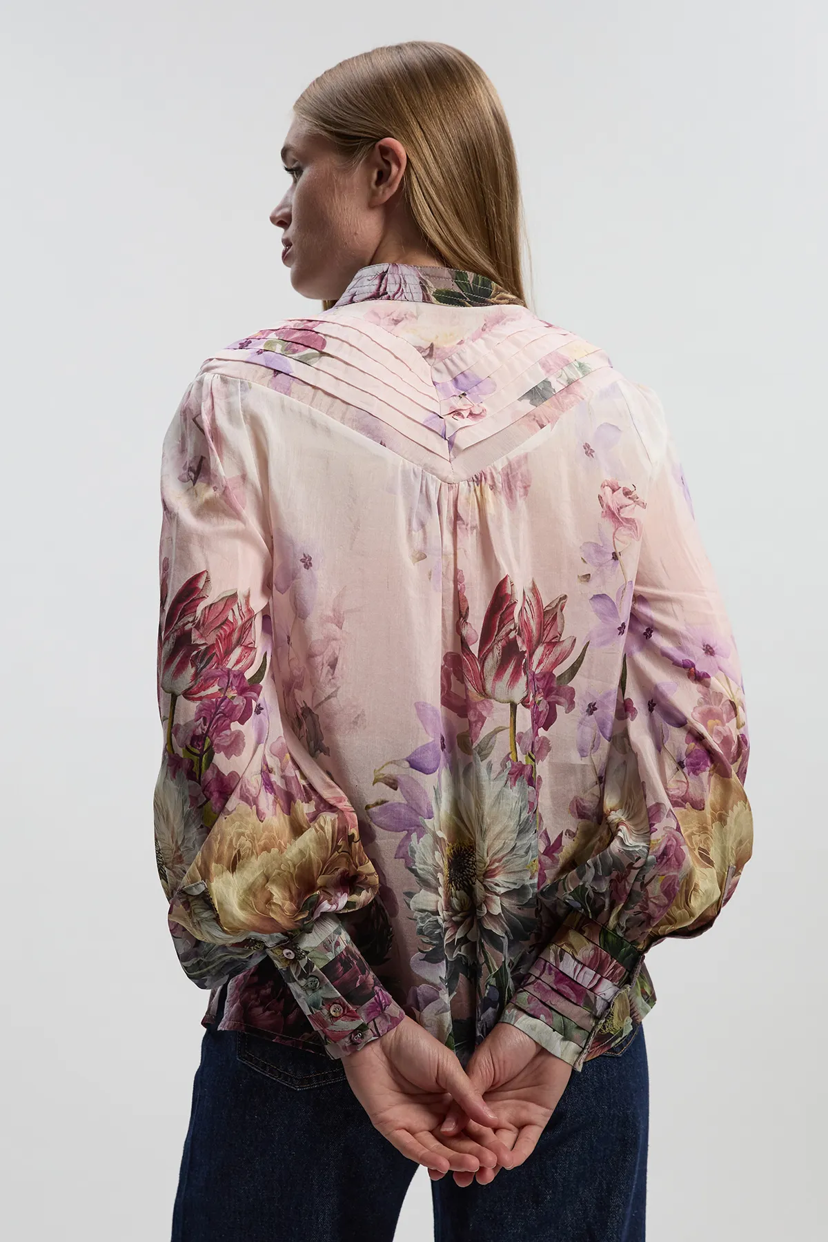 Petite Floral Print Silk Cotton Long Sleeve Woven Blouse BKK26426