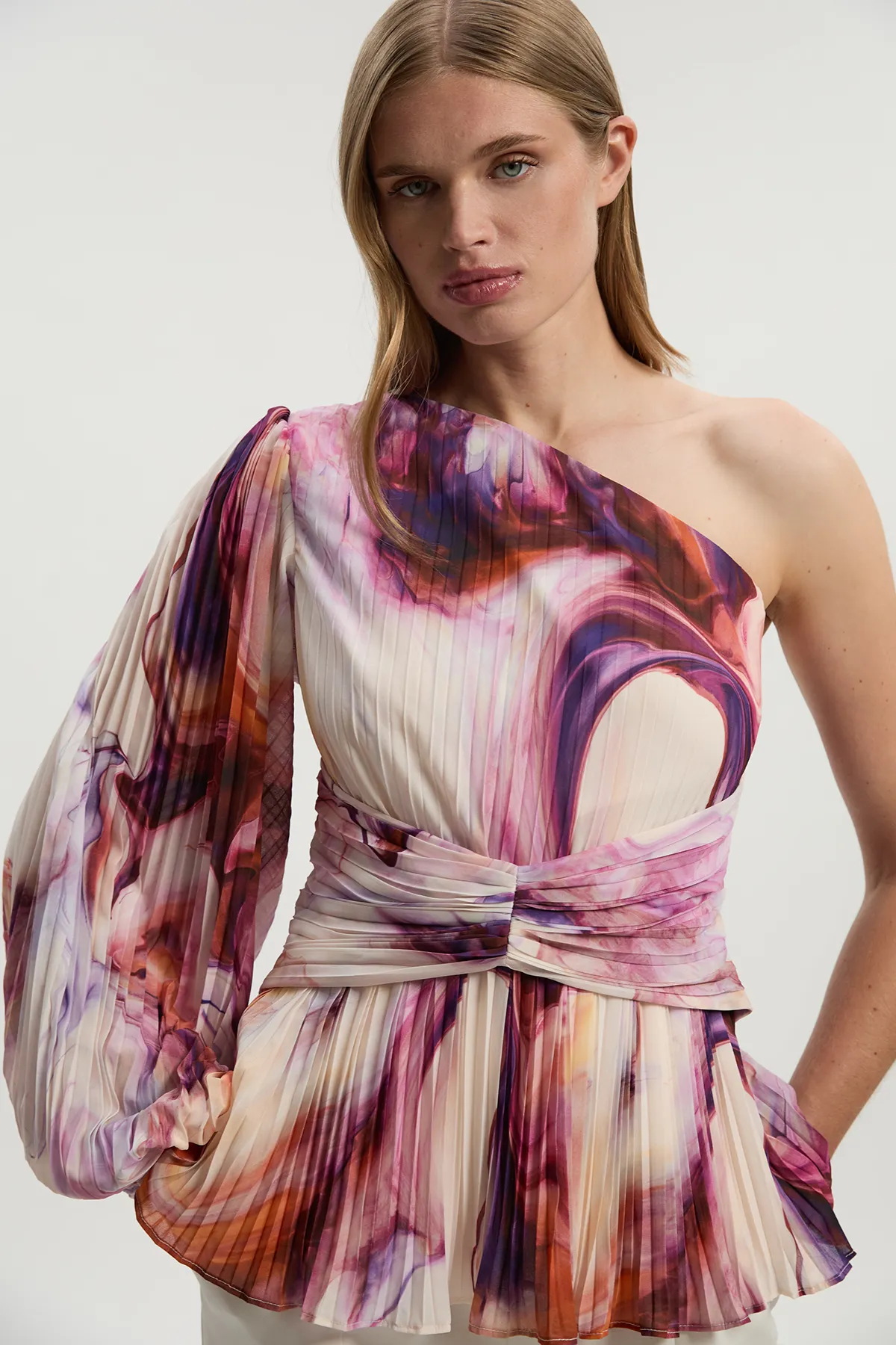 Marble Soft Pleated One Shoulder Blouse BKK26460