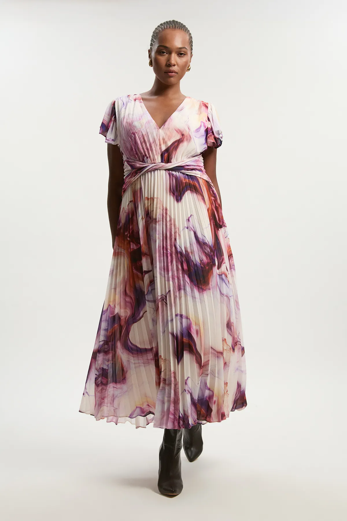 Plus Size Marble Soft Pleated V Neck Woven Maxi Dress BKK26459