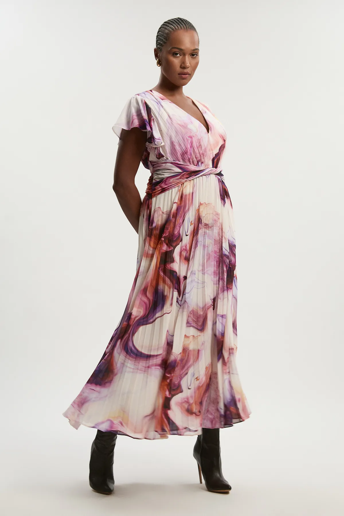 Plus Size Marble Soft Pleated V Neck Woven Maxi Dress BKK26459