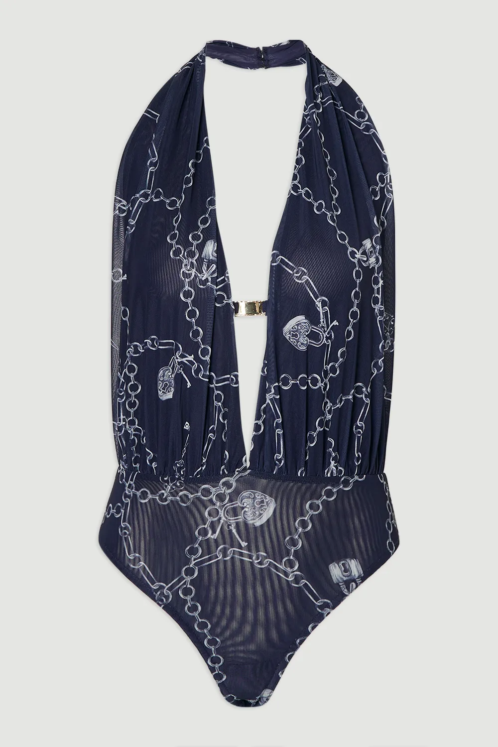 Chain Print Plunge Halter Neck Trim Detail Mesh Bodysuit BKK26477 4 Chain Print Plunge Halter Neck Trim Detail Mesh Bodysuit BKK26477