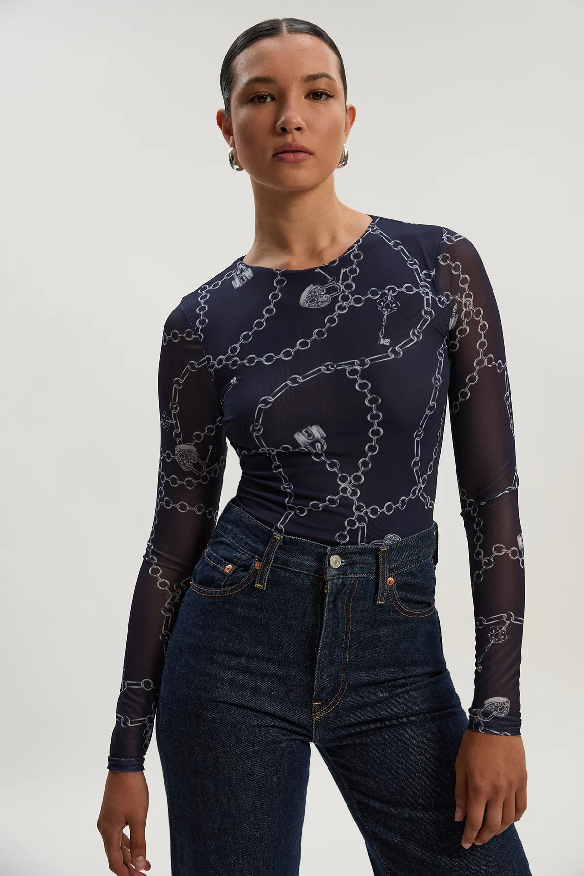 Long Sleeved Chain Print Mesh Bodysuit BKK26479