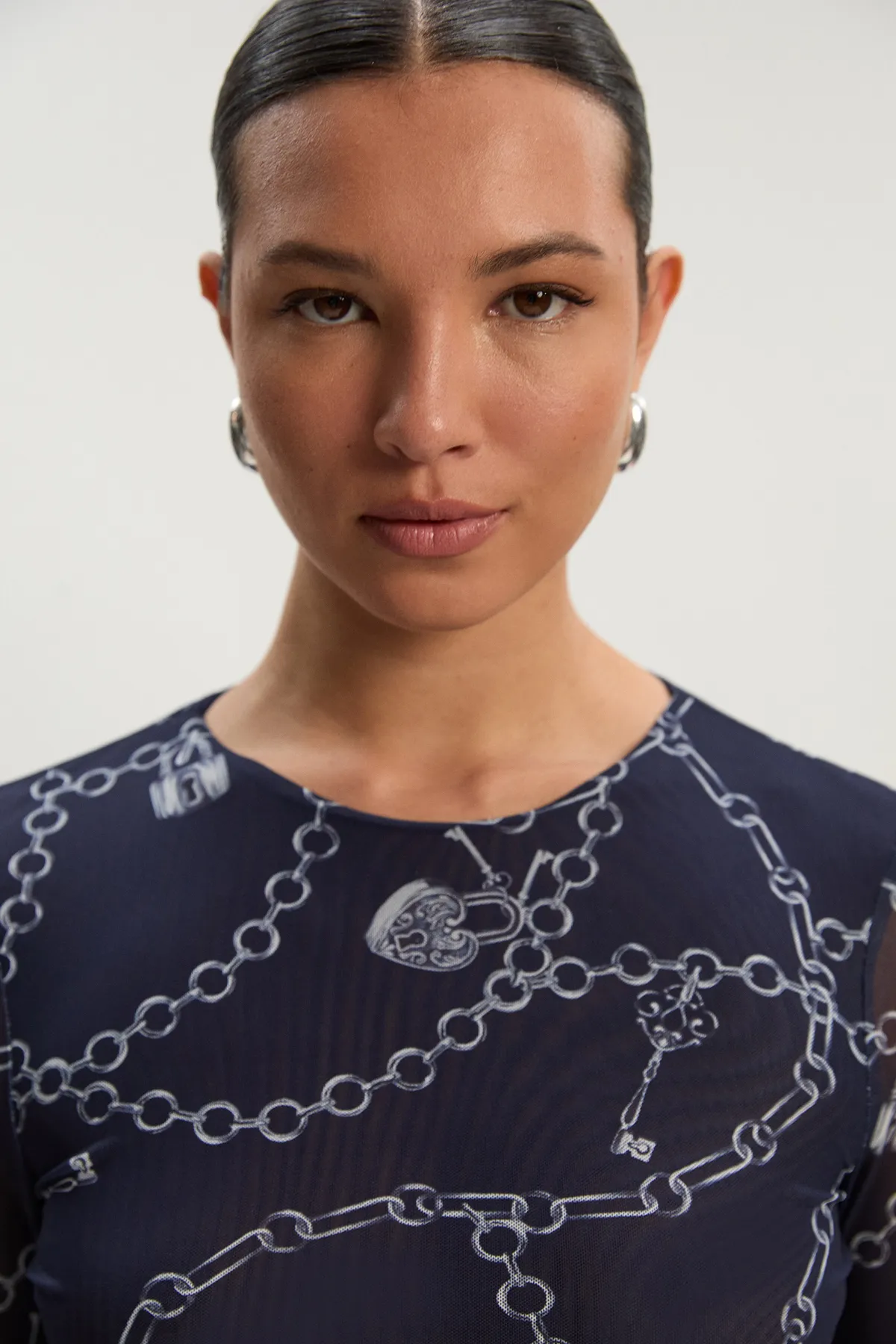 Long Sleeved Chain Print Mesh Bodysuit BKK26479