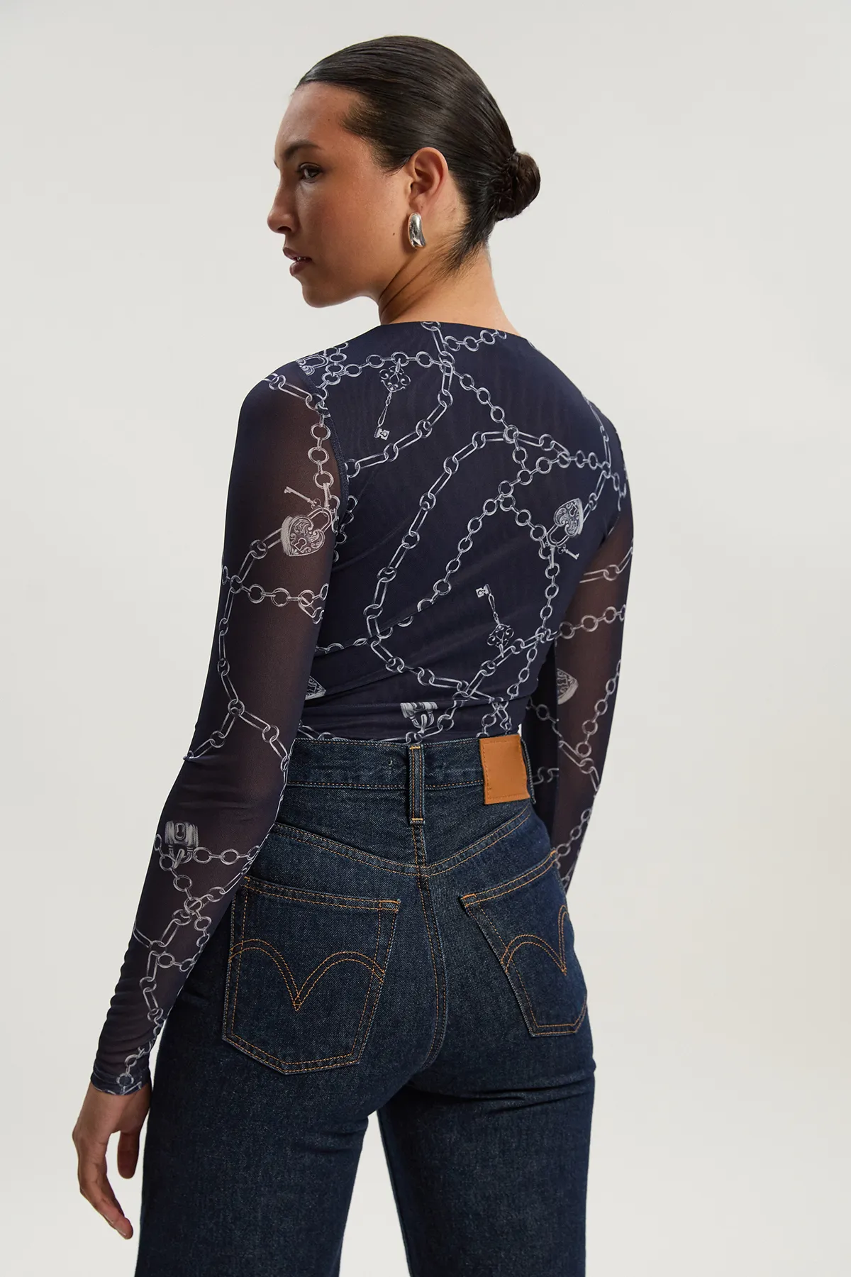 Long Sleeved Chain Print Mesh Bodysuit BKK26479 5 Long Sleeved Chain Print Mesh Bodysuit BKK26479