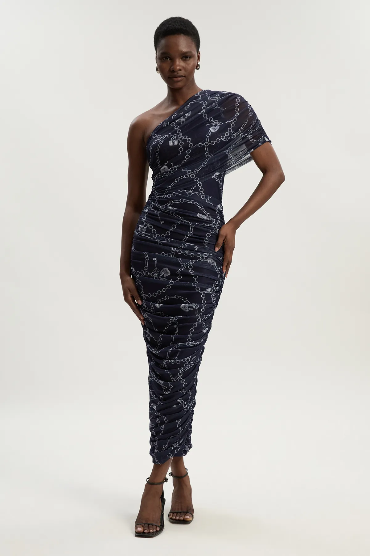 Petite Chain Print Mesh One Shoulder Midi Dress BKK26475