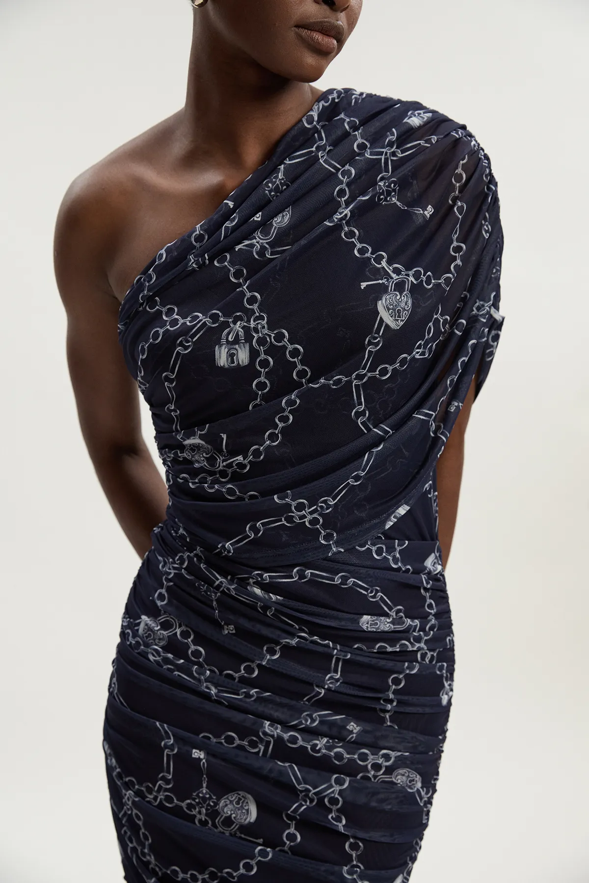 Petite Chain Print Mesh One Shoulder Midi Dress BKK26475