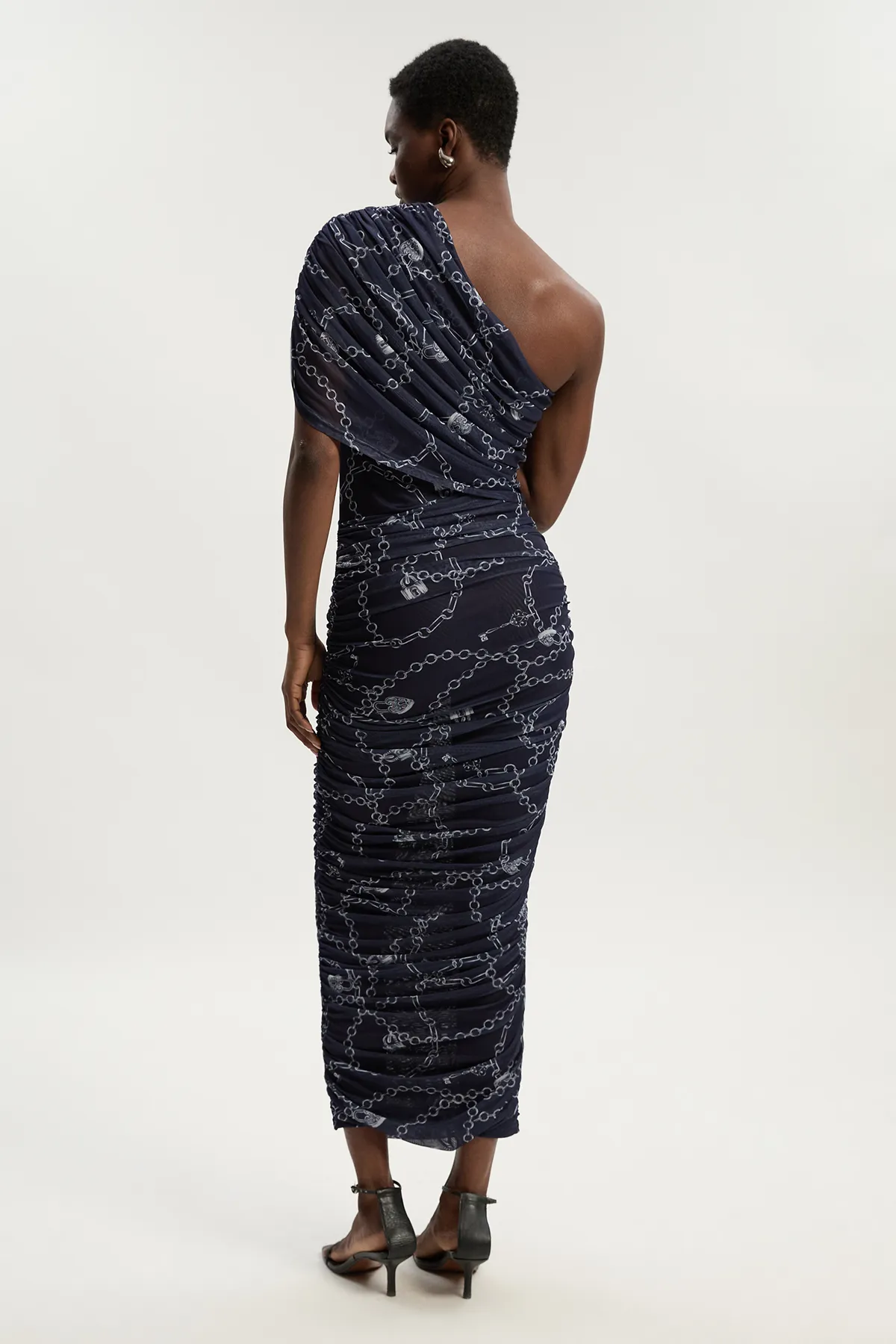 Petite Chain Print Mesh One Shoulder Midi Dress BKK26475