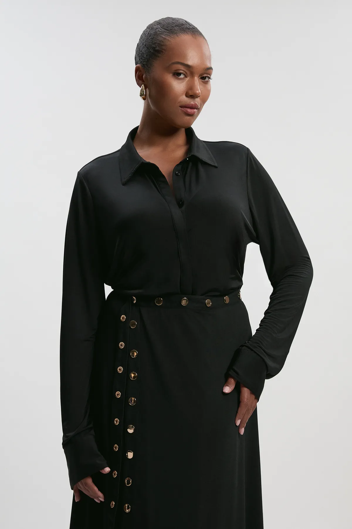 Plus Size Drapey Crepe Slim Collared Shirt BKK26484