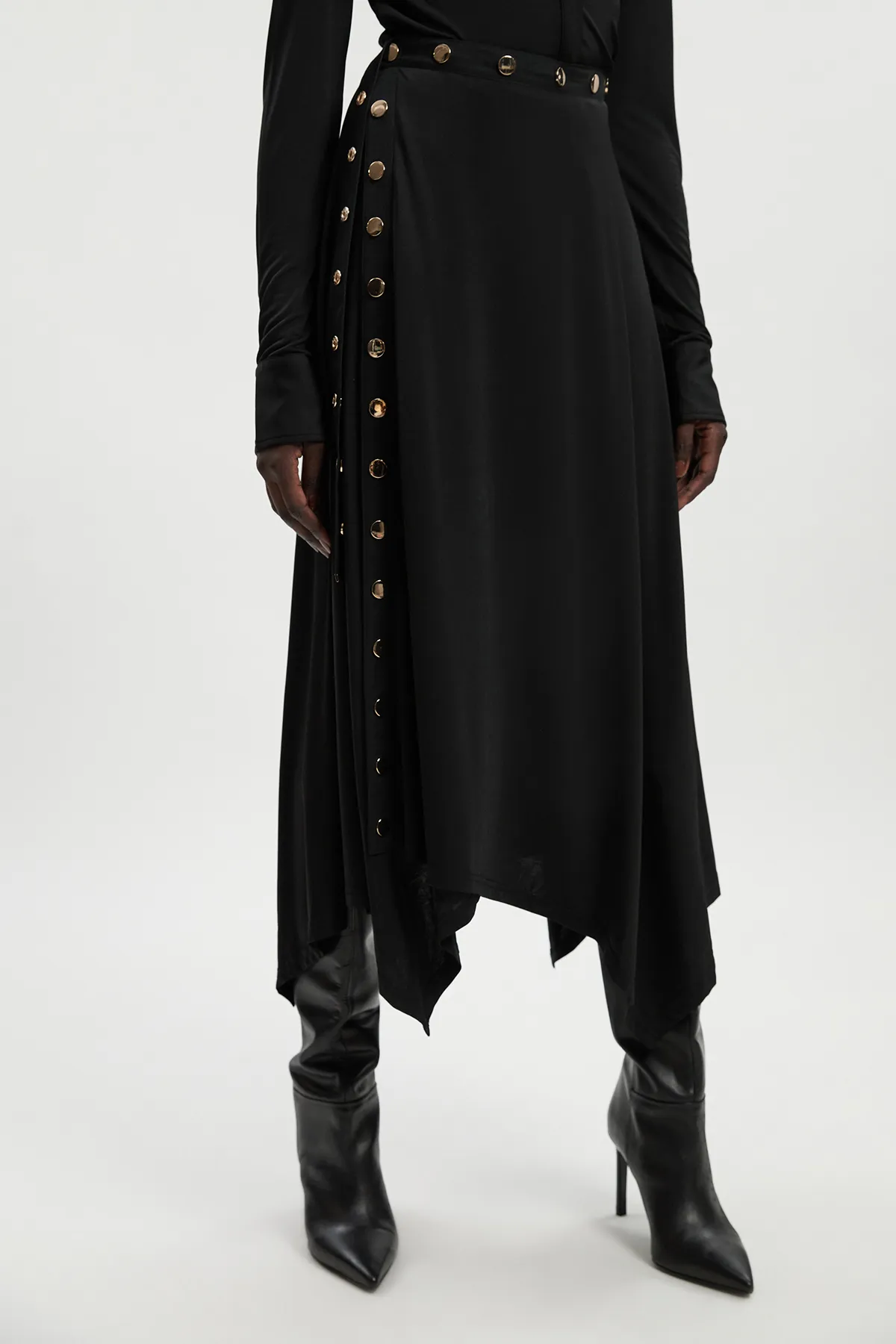 Petite Drapey Crepe Hanky Hem Eyelet Detail Maxi Skirt BKK26485