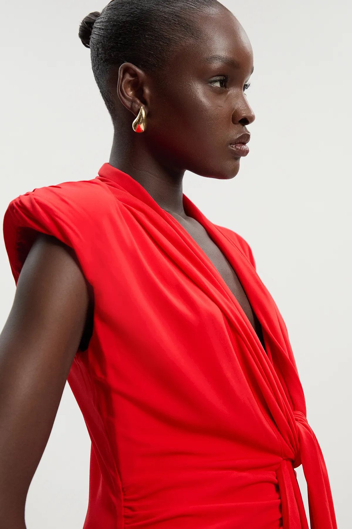 Plunge Ruched Twist Jersey Maxi Dress BKK26488