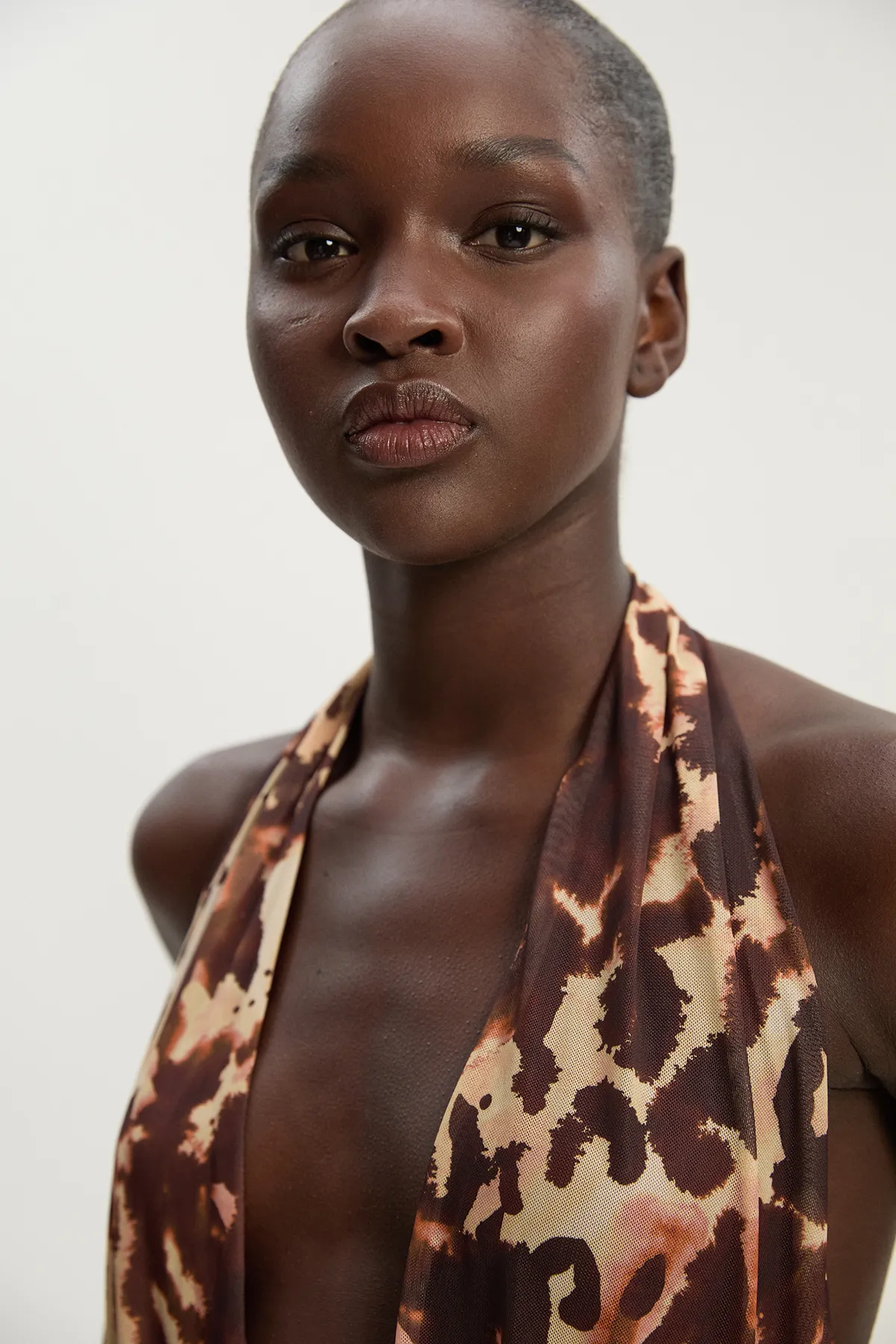 Leopard Print Plunge Halter Neck Trim Detail Mesh Bodysuit BKK26495