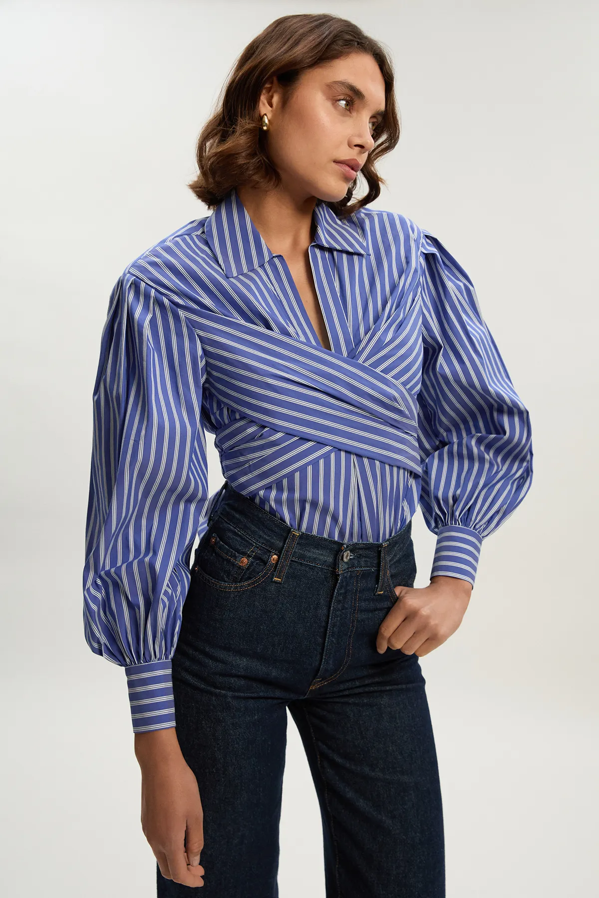 Stripe Cotton Poplin Drama Sleeve Woven Wrap Detail Blouse BKK26497
