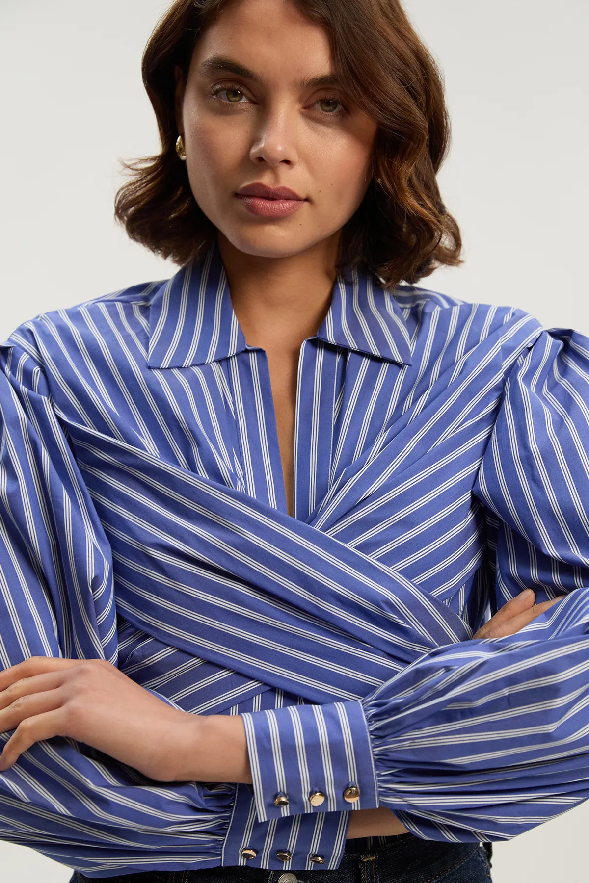Stripe Cotton Poplin Drama Sleeve Woven Wrap Detail Blouse BKK26497
