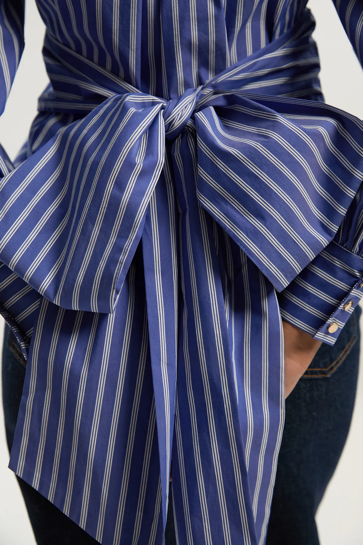 Stripe Cotton Poplin Drama Sleeve Woven Wrap Detail Blouse BKK26497 3 Stripe Cotton Poplin Drama Sleeve Woven Wrap Detail Blouse BKK26497