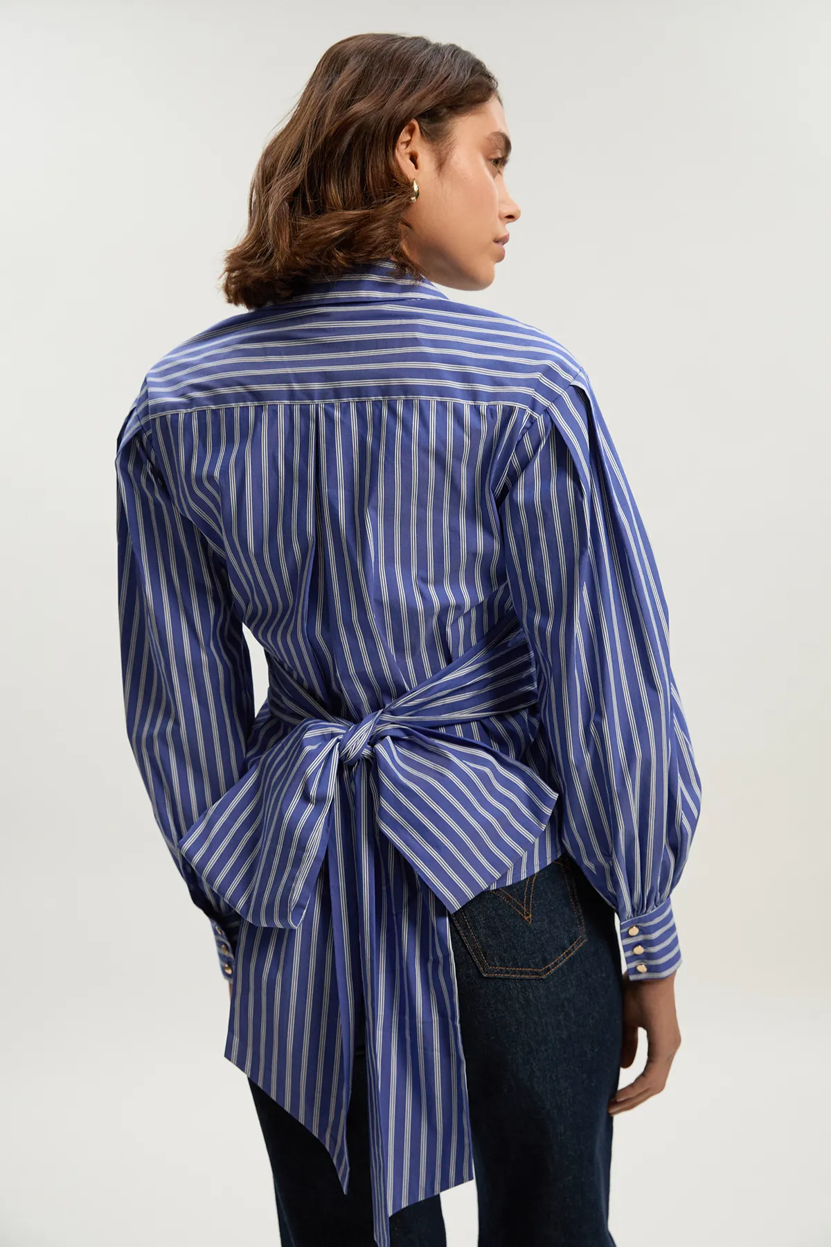 Stripe Cotton Poplin Drama Sleeve Woven Wrap Detail Blouse BKK26497 5 Stripe Cotton Poplin Drama Sleeve Woven Wrap Detail Blouse BKK26497